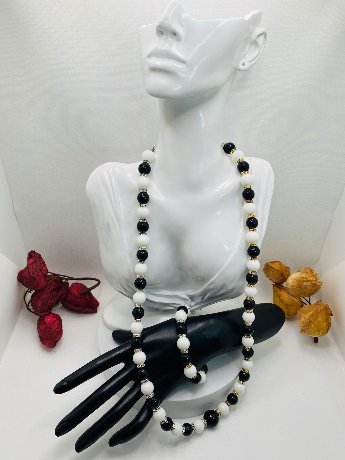 Handmade Onyx Necklace and Bracelet Set: Black and White Gemstone Jewelry