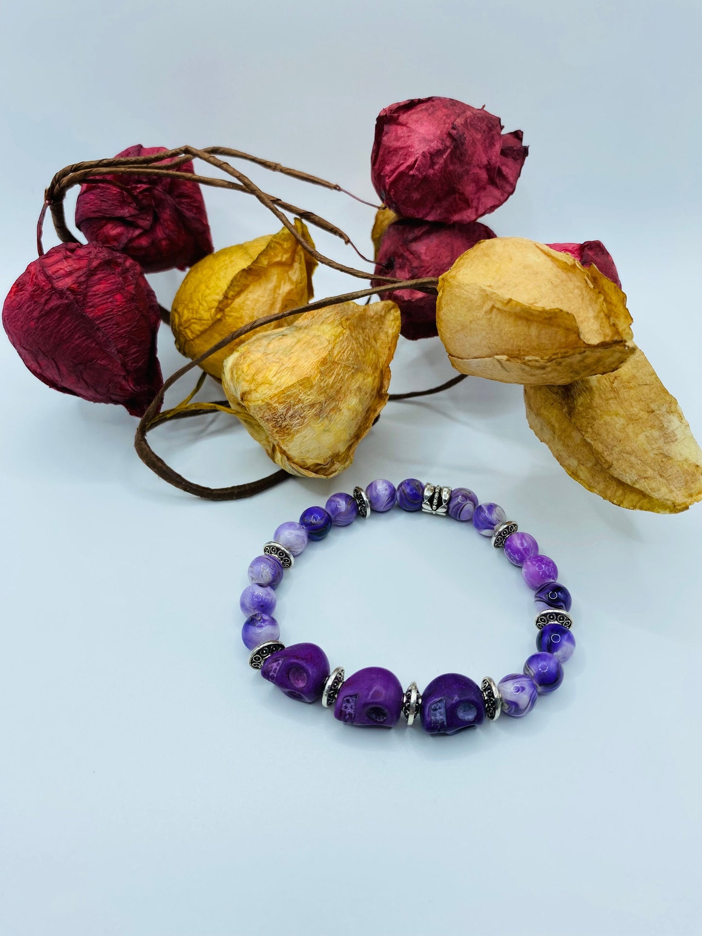 Purple Skull Charm Bracelet: Dia de Los Muertos Gemstone Jewelry