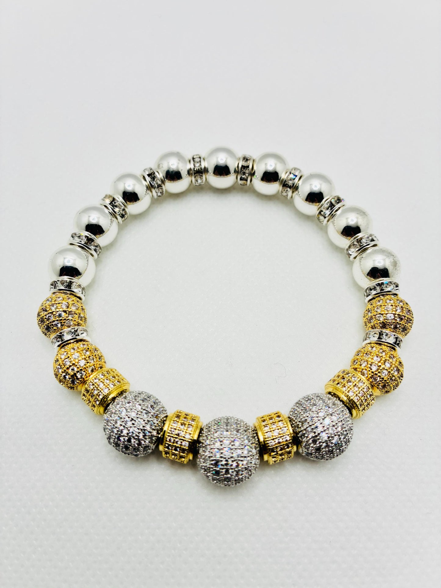 Silver Plated Hematite Bracelet with Gold-Plated and Silverplated Cubic Zirconia Beads