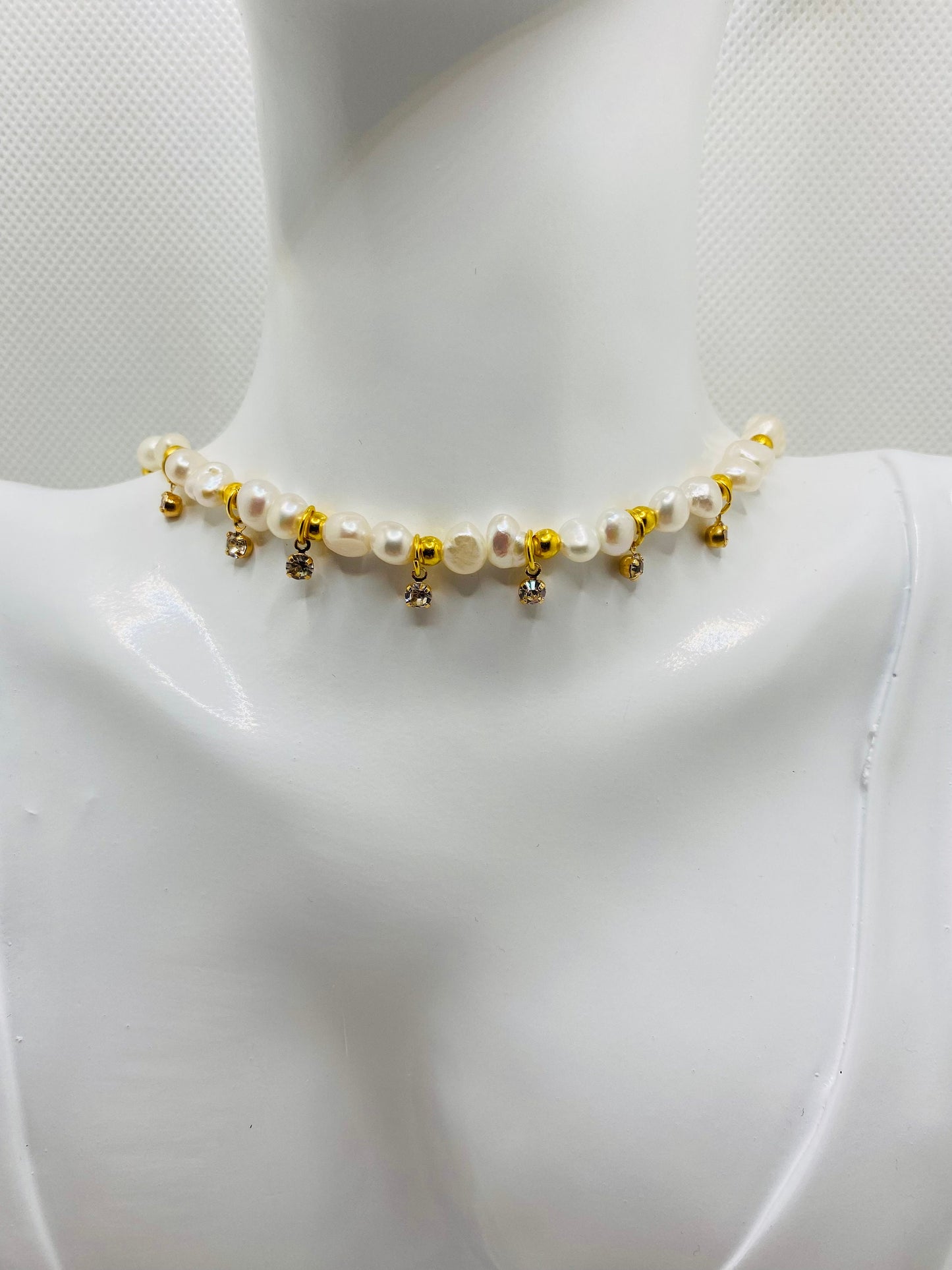 Baroque Pearl Necklace: 18k Gold Plated Hematite Beads, CZ Crystal Pendant