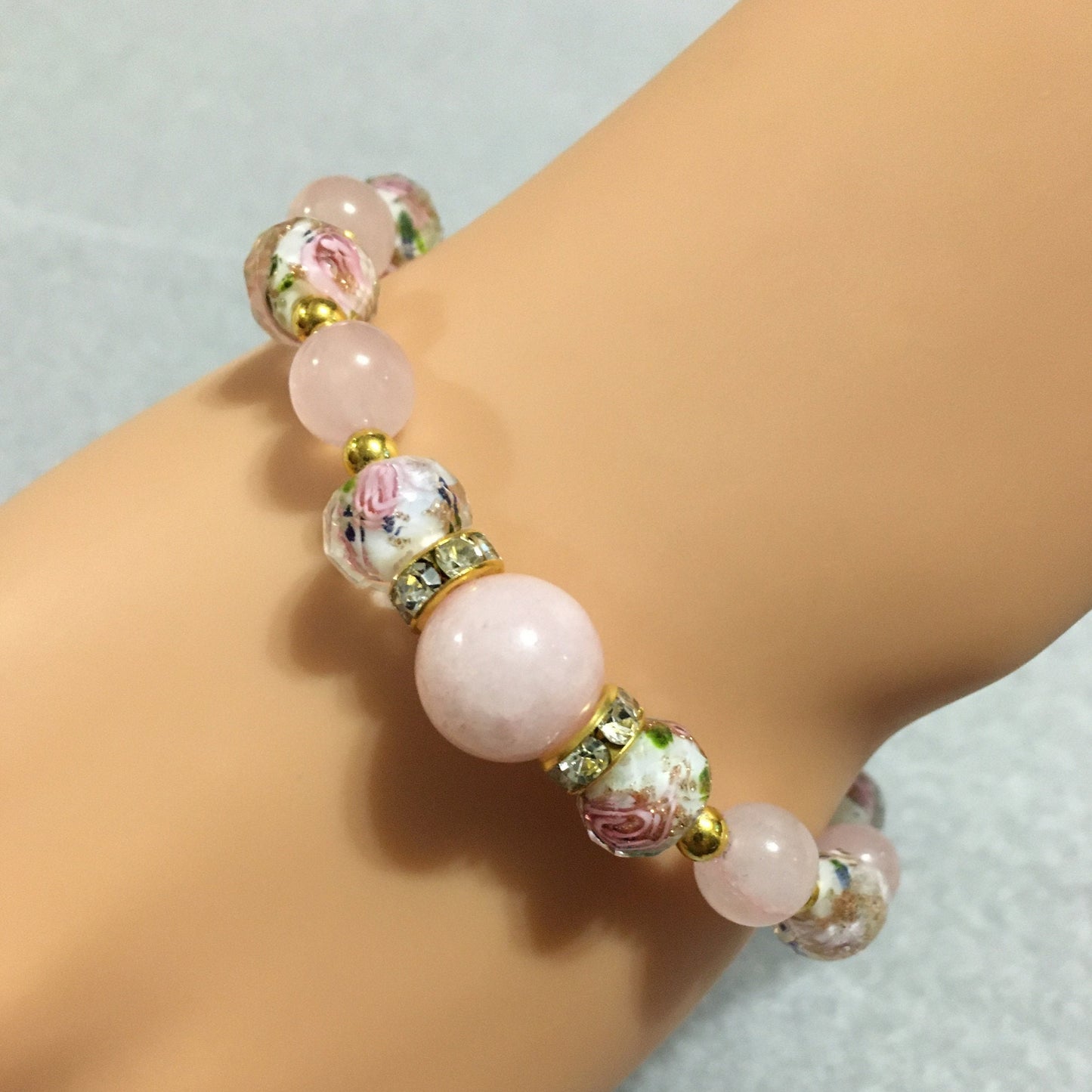 Handmade Rose Quartz Bracelet: Lampwork Floral Glass Beads