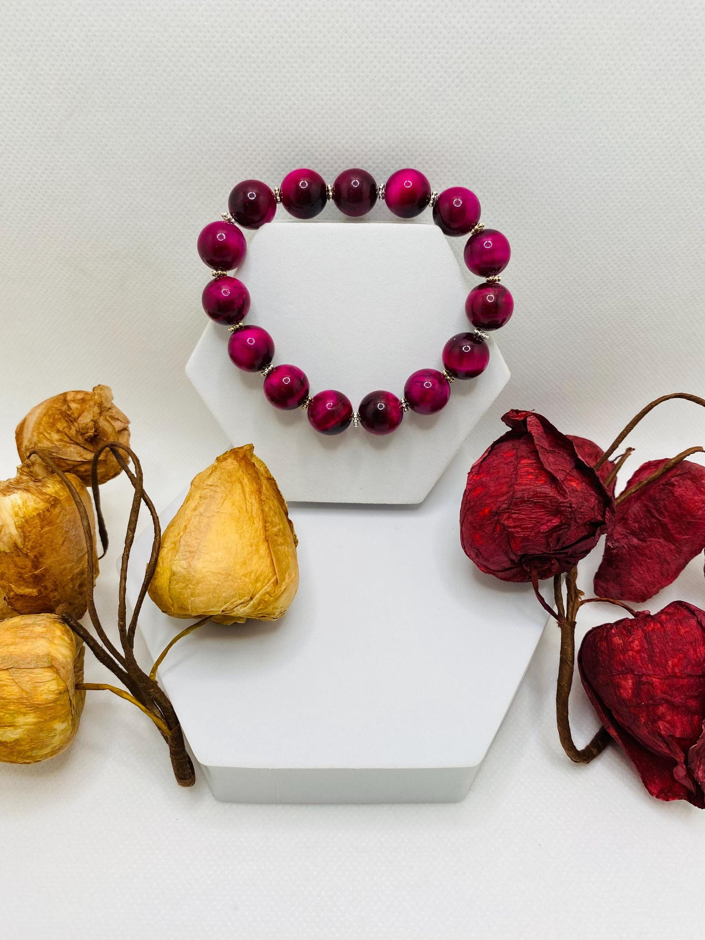 Chunky Rose Red Tigers Eye Bracelet: Handmade Gemstone Jewelry