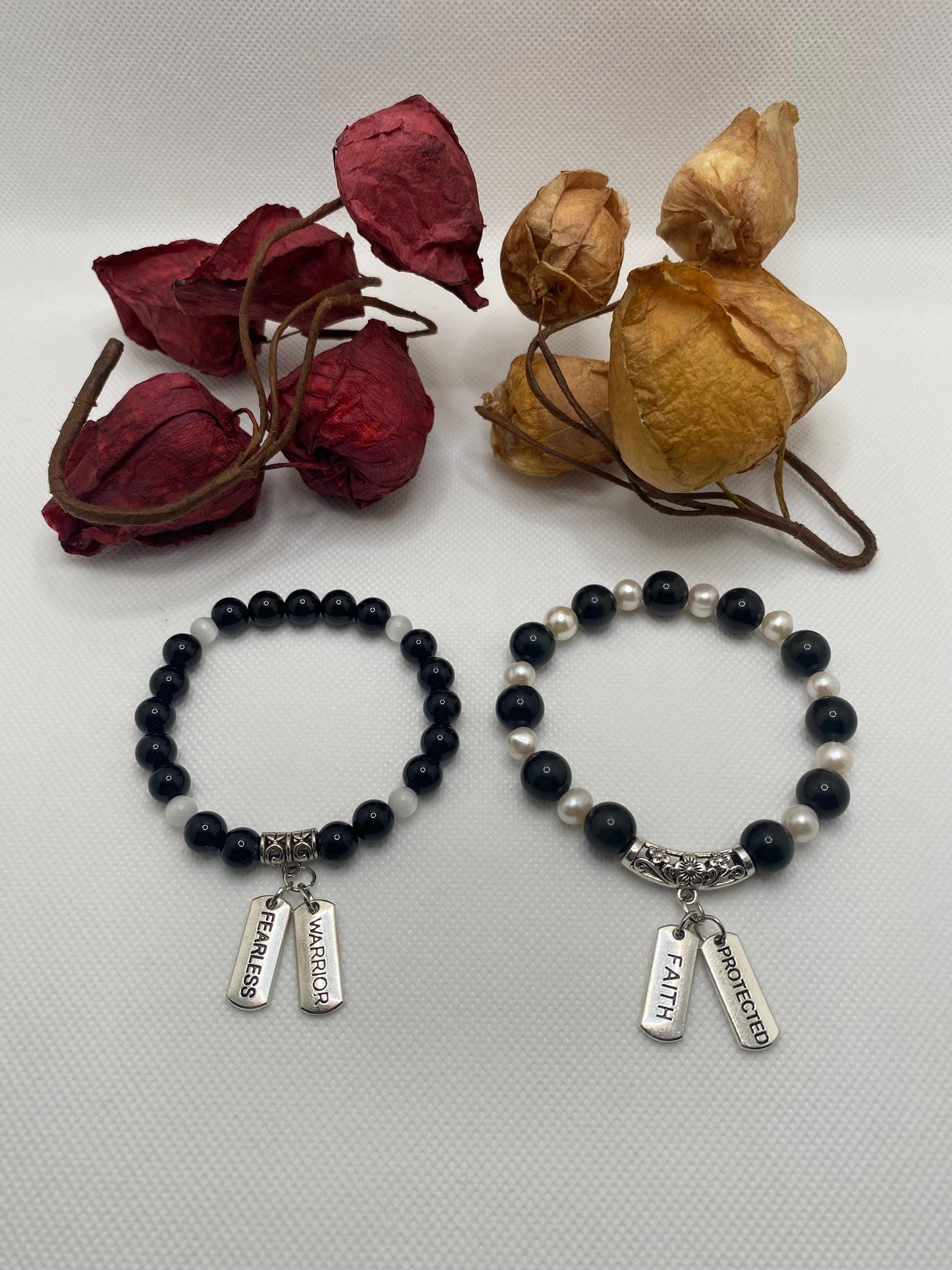 Obsidian & Pearl Charm Bracelet: Stainless Steel Inspirational Quotes