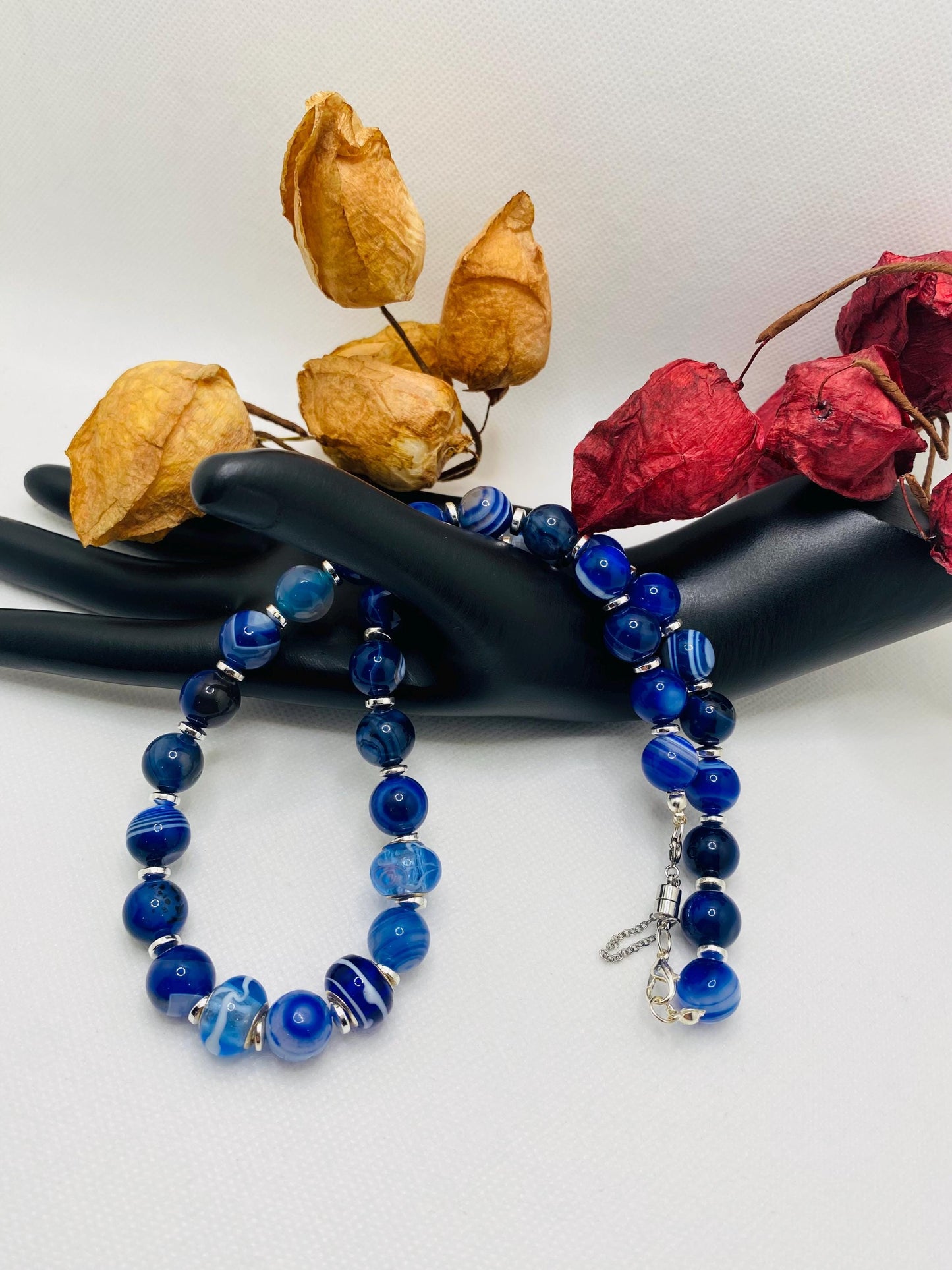 Blue Lace Agate Gemstone Necklace: Silverplated Hematite Rondelle Spacers