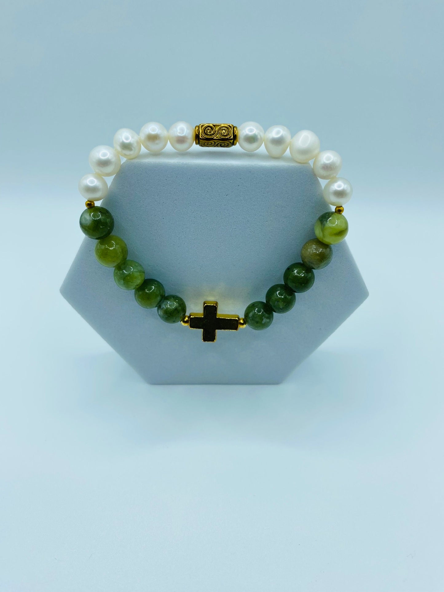 Jade & Pearl Bracelet: Gold Cross Charm, Gemstone Beaded Jewelry