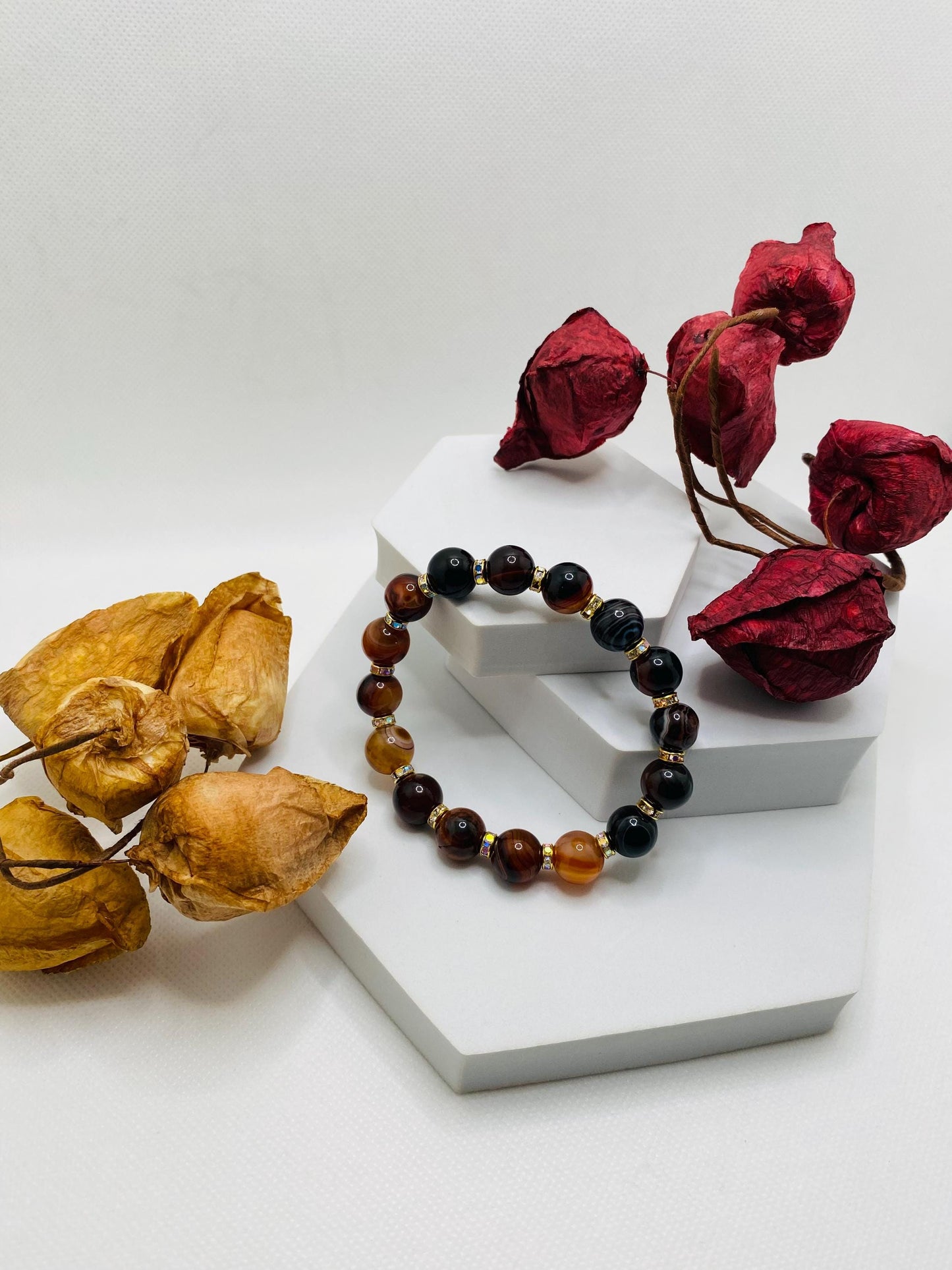 Red Dream Agate Gemstone Bracelet: Chunky Rhinestone Rondelle Jewelry