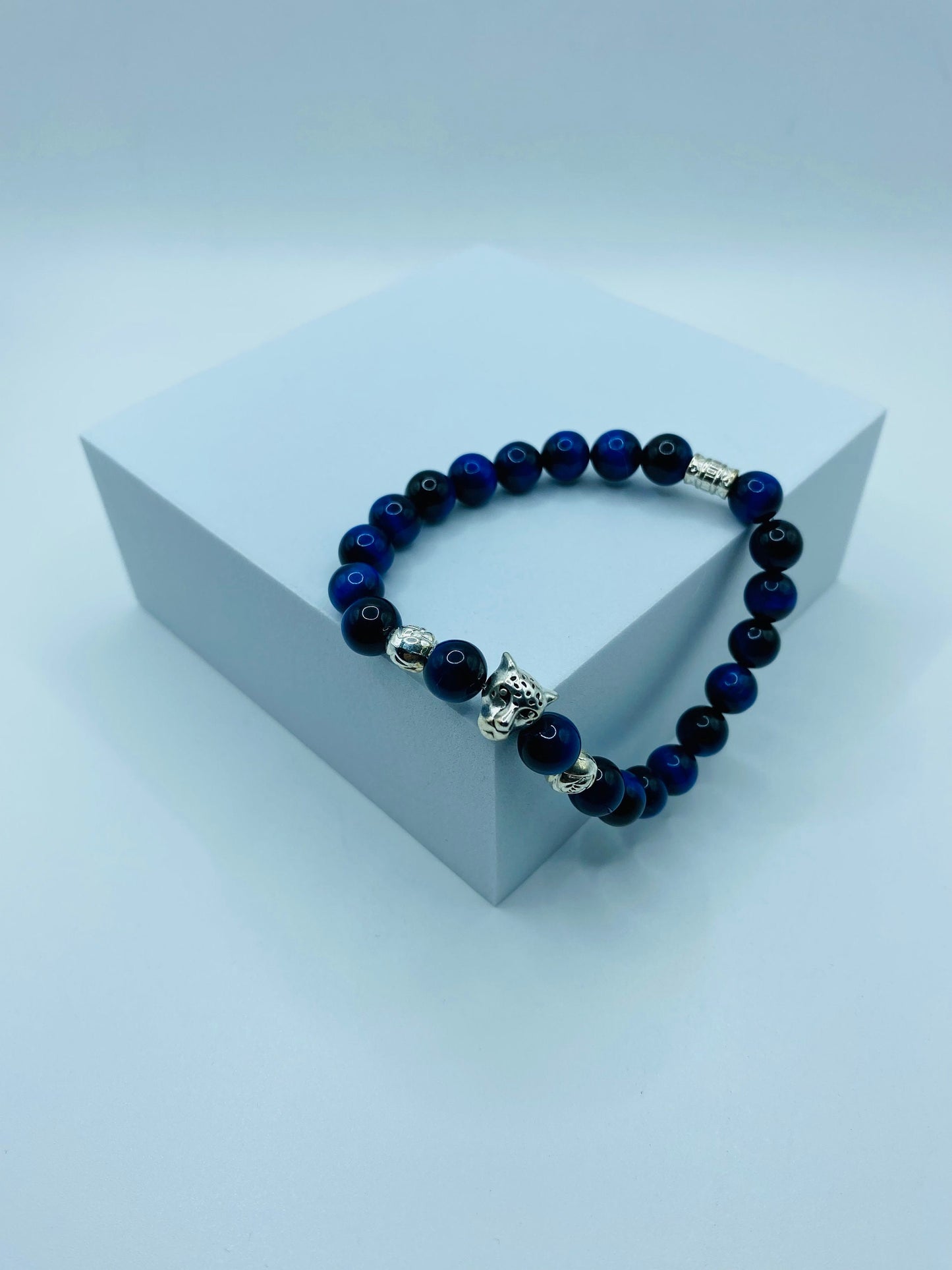Blue Tiger's Eye Bracelet: Leopard Charm, Silver Beads