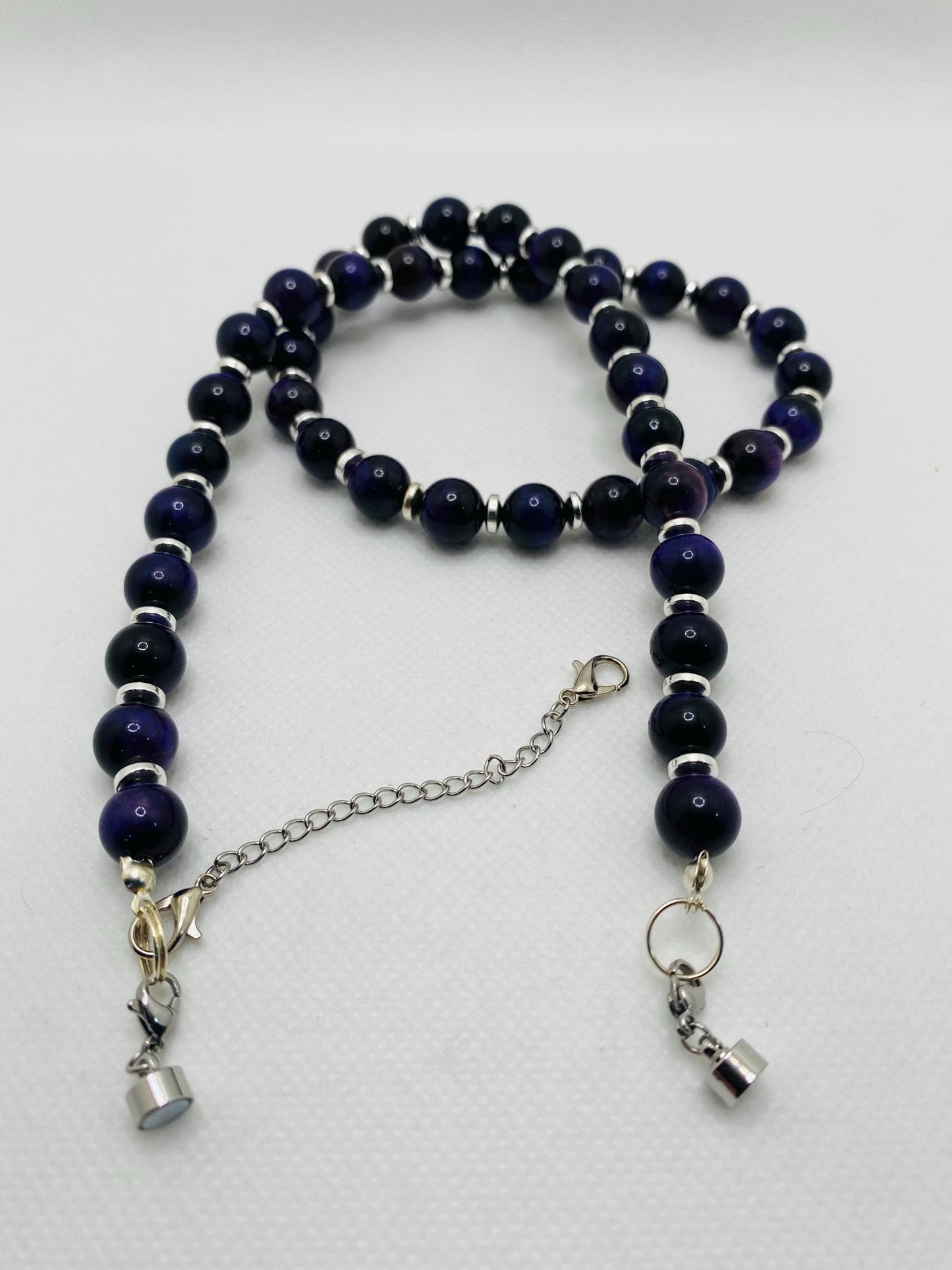 Purple Tigers Eye Necklace: Silver Hematite Gemstone Beaded Jewelry