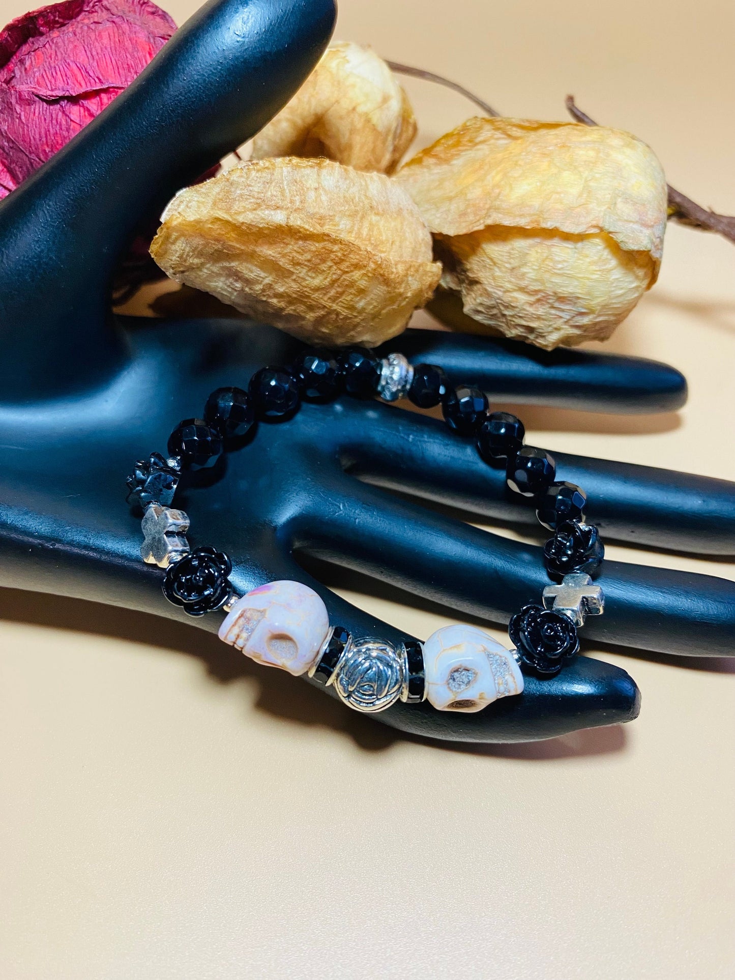 Day of the Dead Black Onyx Bracelet with Skull Beads - Silver Cross Bracelet - Gift for Her - Gift for Him