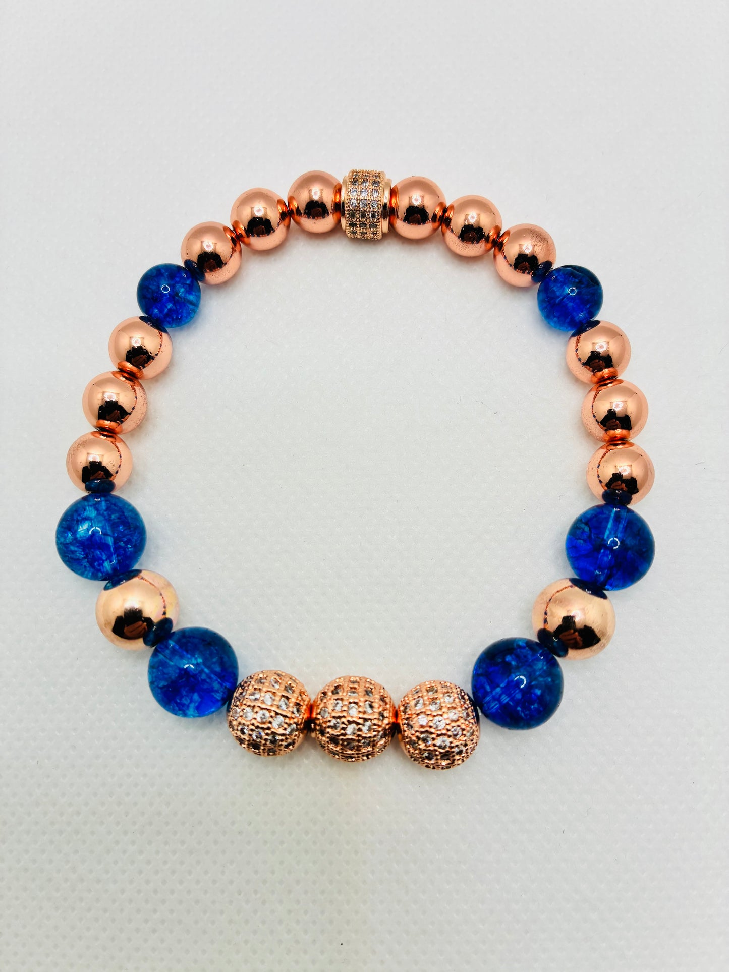 Rose Gold Plated Hematite Bracelet: Blue Crystal Quartz & Cubic Zirconia Beads