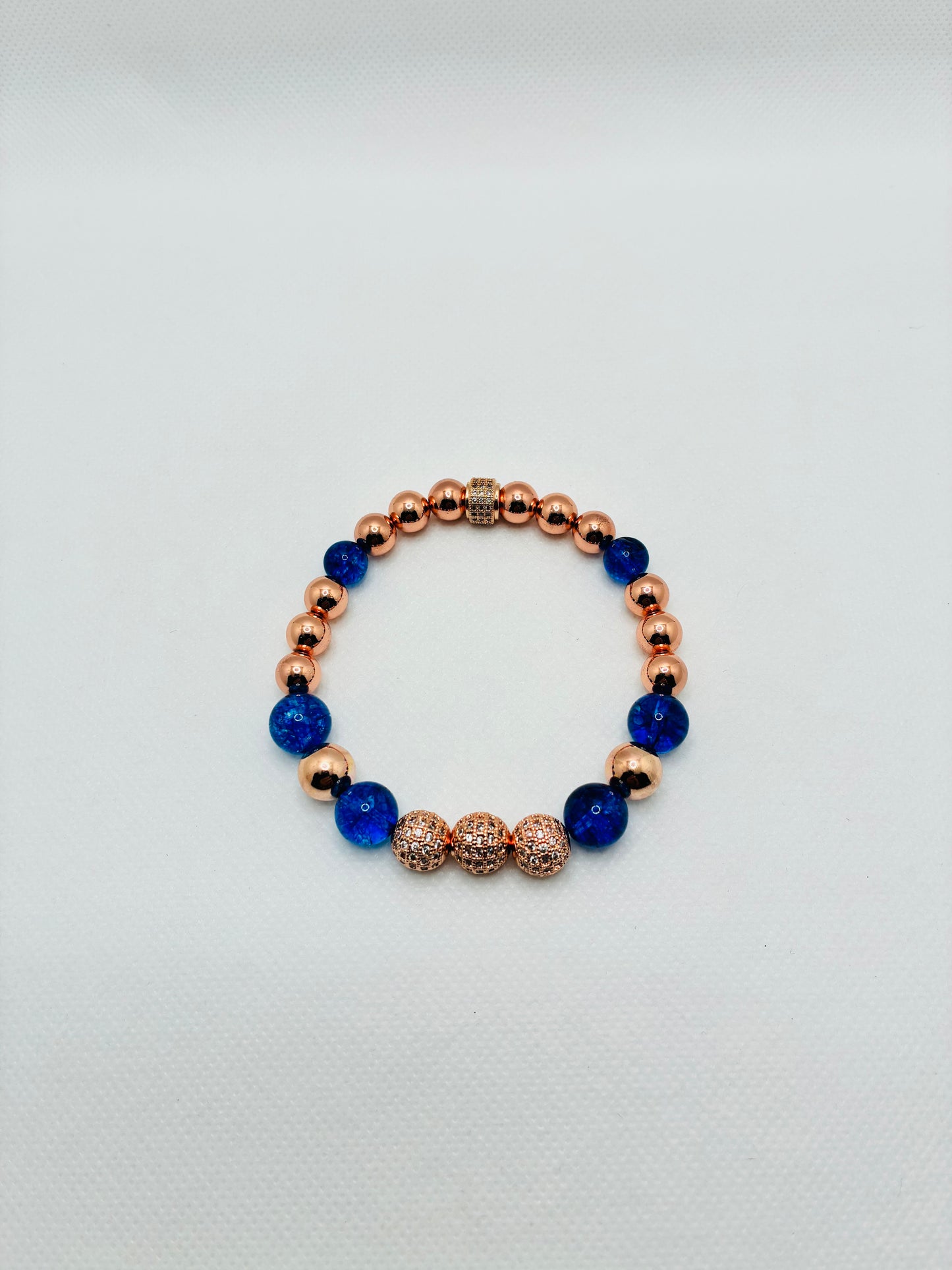 Rose Gold Plated Hematite Bracelet: Blue Crystal Quartz & Cubic Zirconia Beads