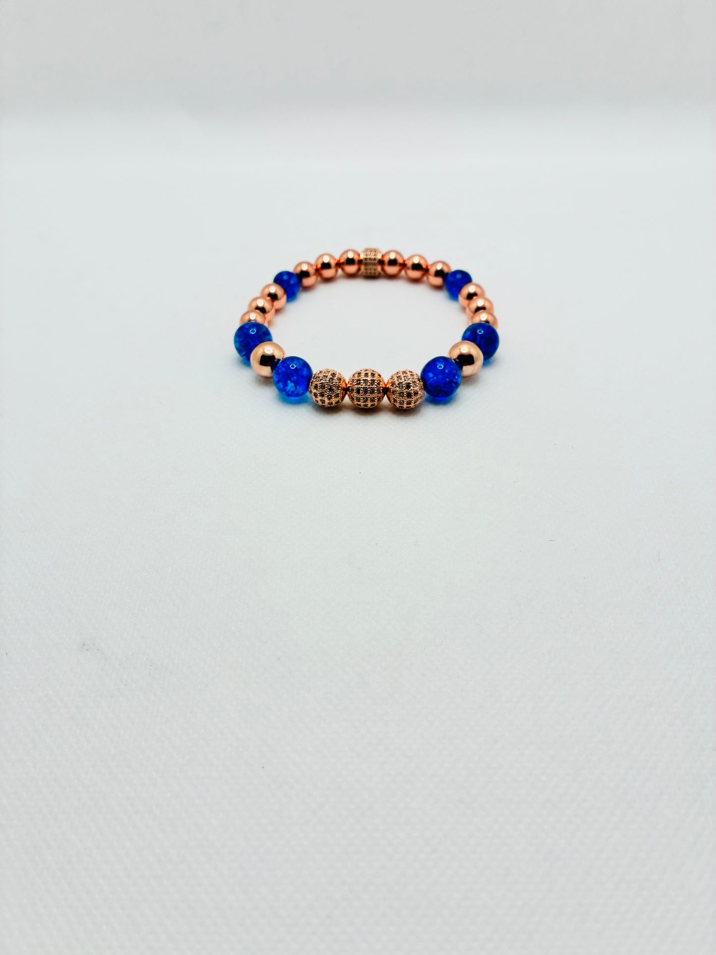 Rose Gold Plated Hematite Bracelet: Blue Crystal Quartz & Cubic Zirconia Beads