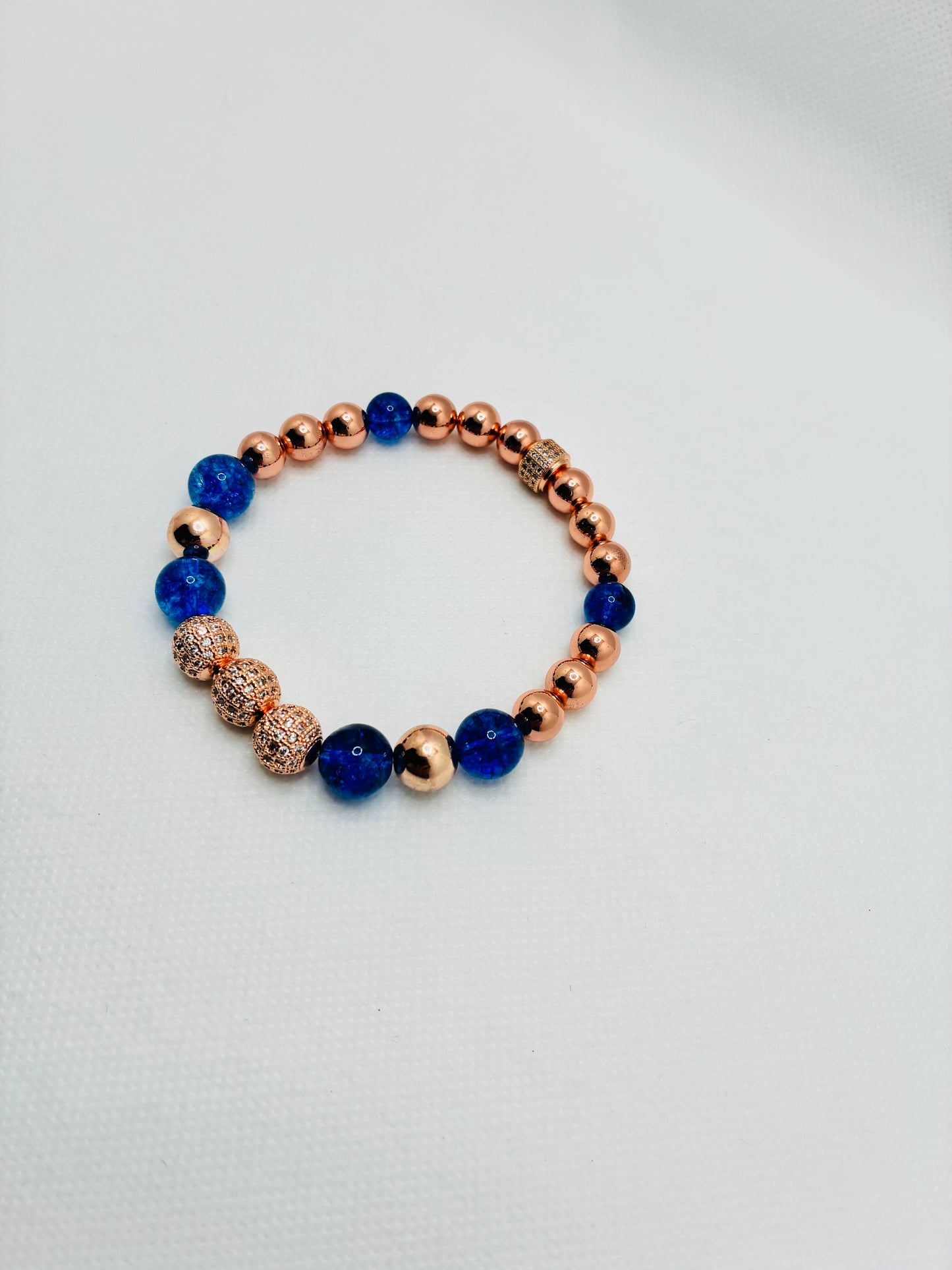 Rose Gold Plated Hematite Bracelet: Blue Crystal Quartz & Cubic Zirconia Beads