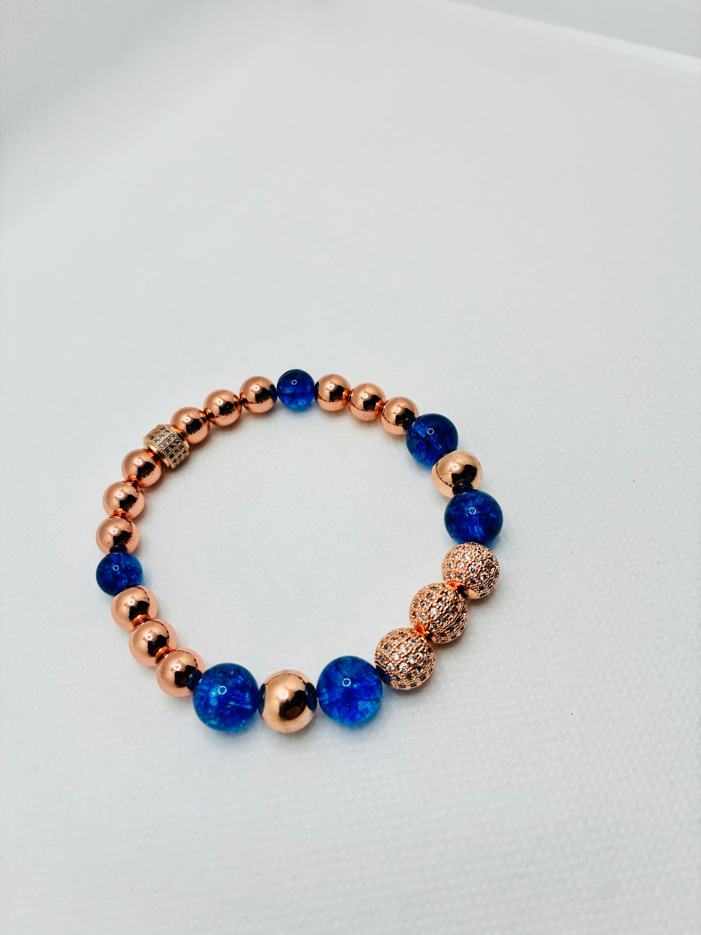 Rose Gold Plated Hematite Bracelet: Blue Crystal Quartz & Cubic Zirconia Beads