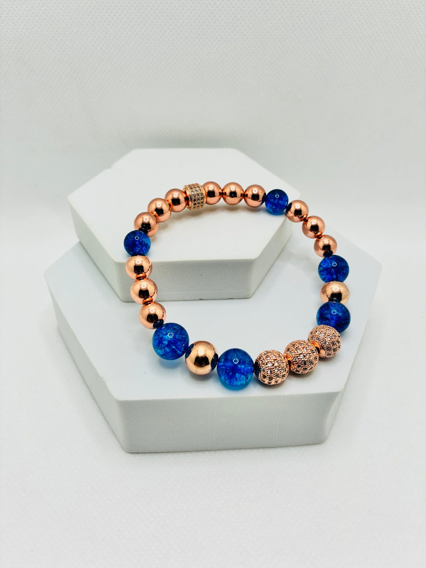 Rose Gold Plated Hematite Bracelet: Blue Crystal Quartz & Cubic Zirconia Beads