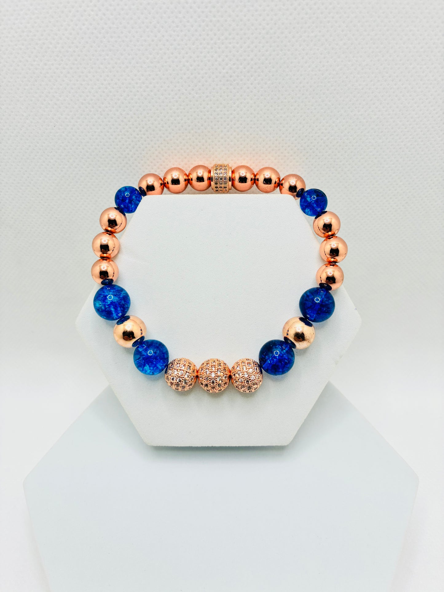 Rose Gold Plated Hematite Bracelet: Blue Crystal Quartz & Cubic Zirconia Beads