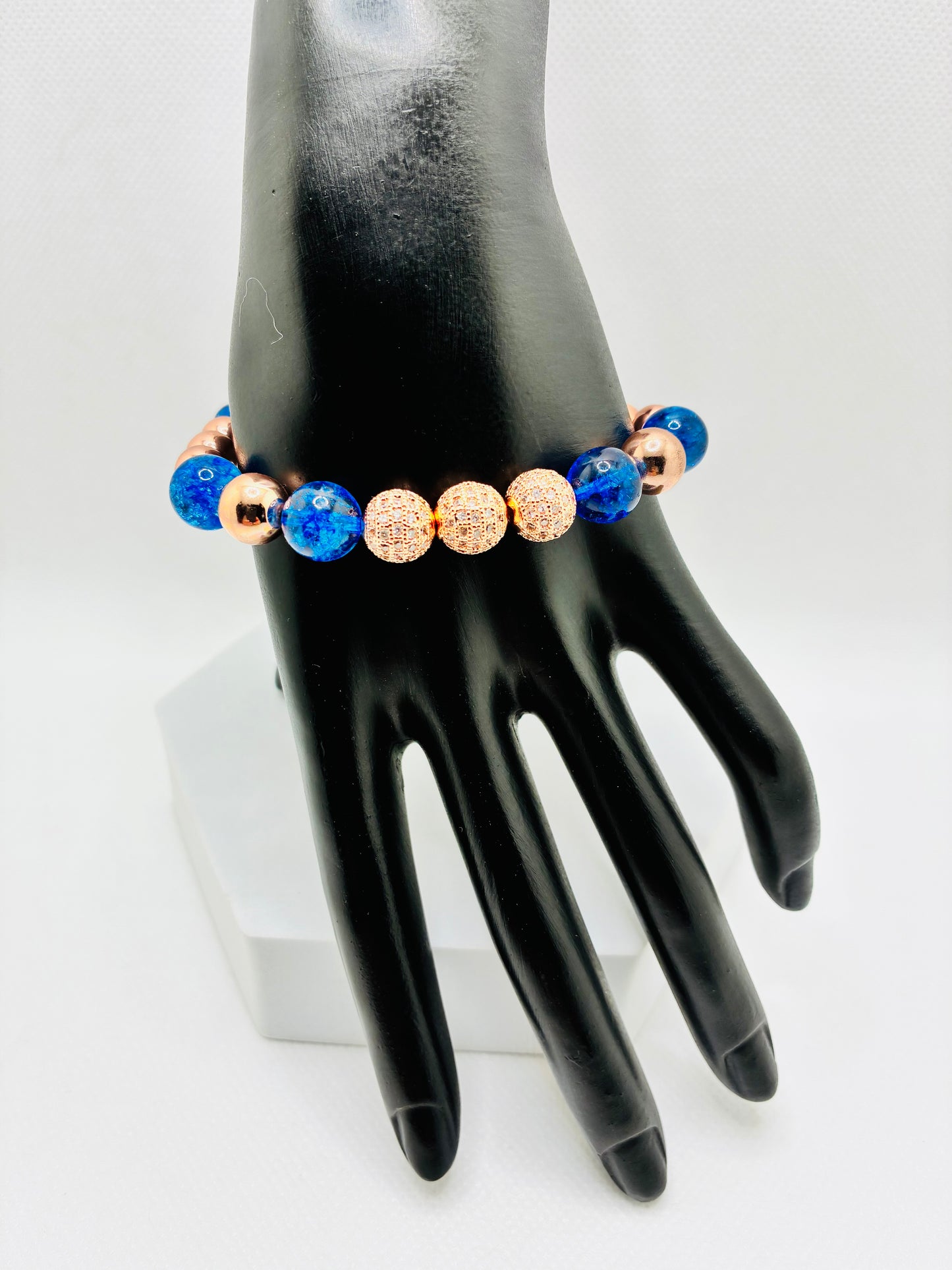Rose Gold Plated Hematite Bracelet: Blue Crystal Quartz & Cubic Zirconia Beads