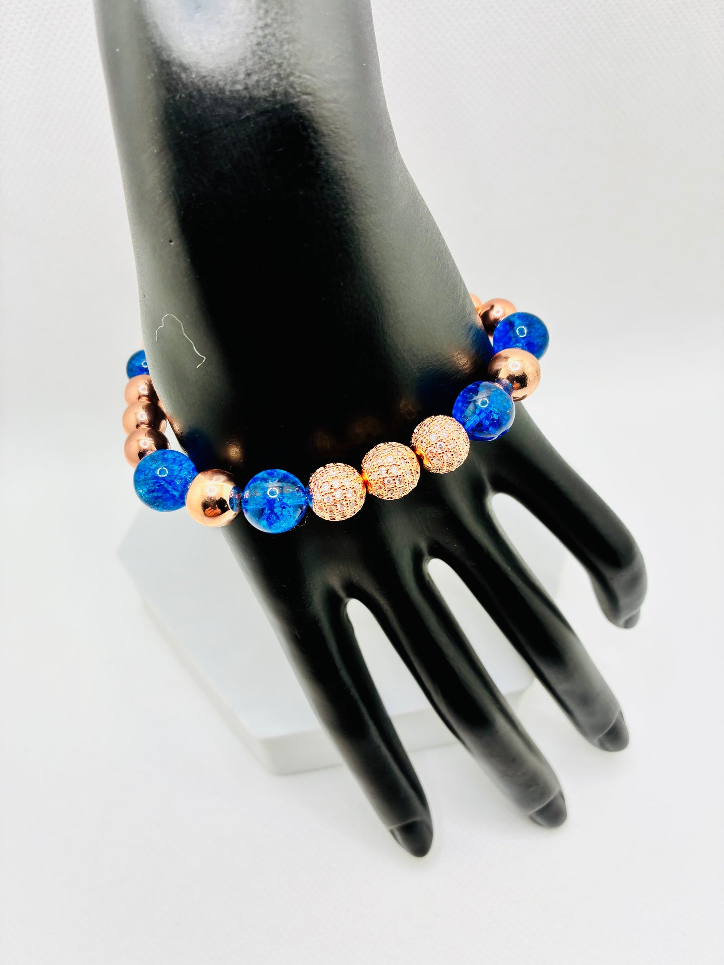 Rose Gold Plated Hematite Bracelet: Blue Crystal Quartz & Cubic Zirconia Beads