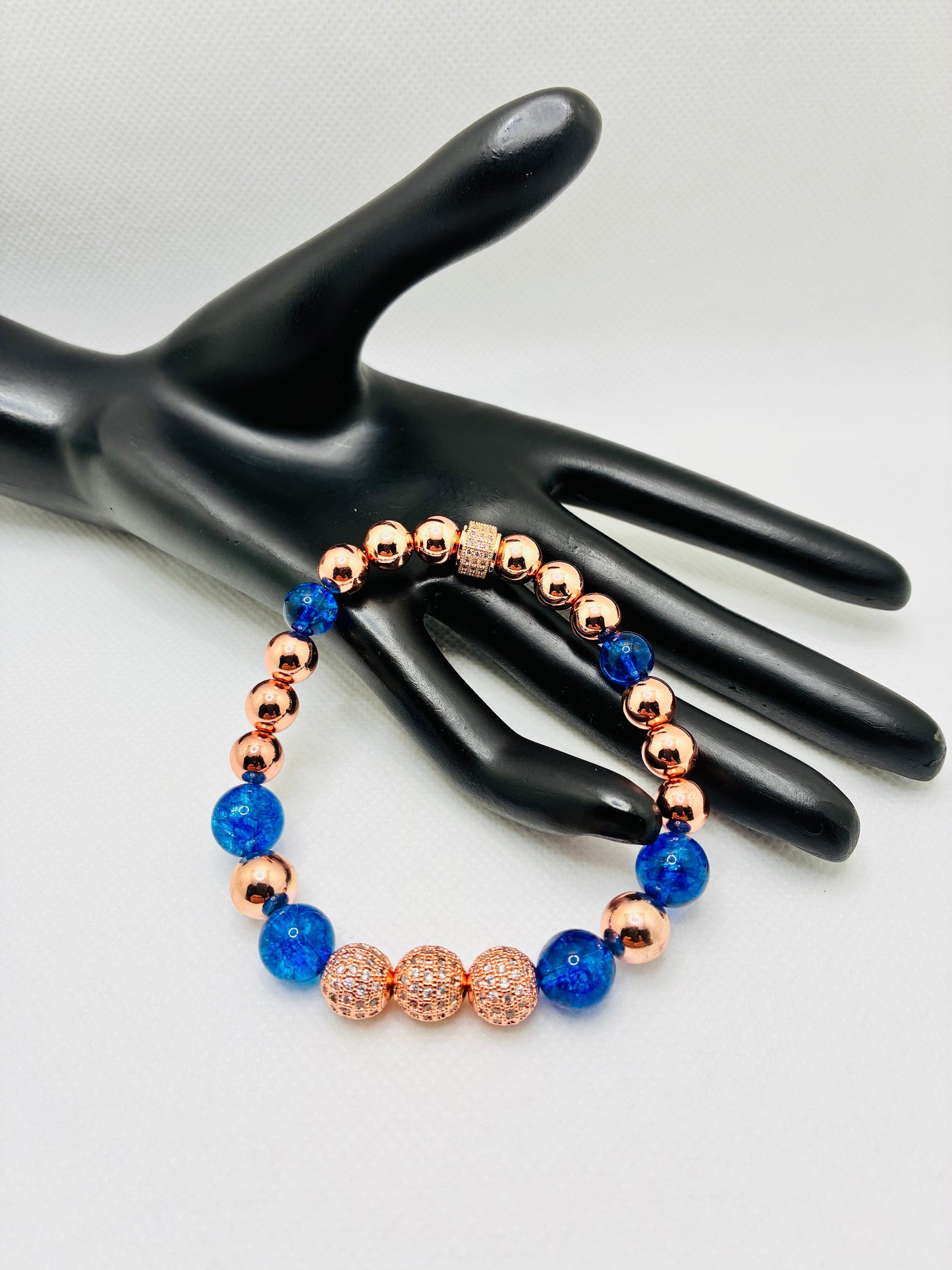 Rose Gold Plated Hematite Bracelet: Blue Crystal Quartz & Cubic Zirconia Beads