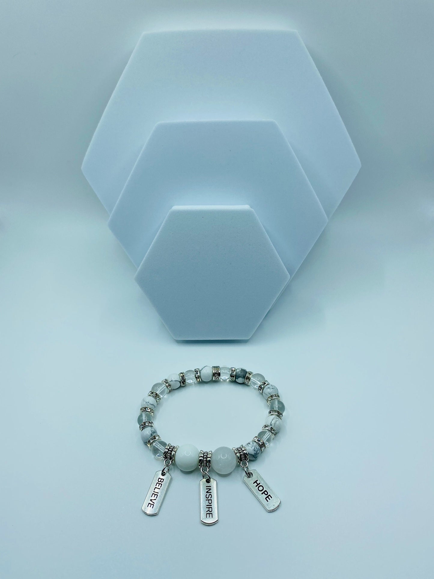 Inspirational Gemstone Bead Bracelet: Stainless Steel Word Charms