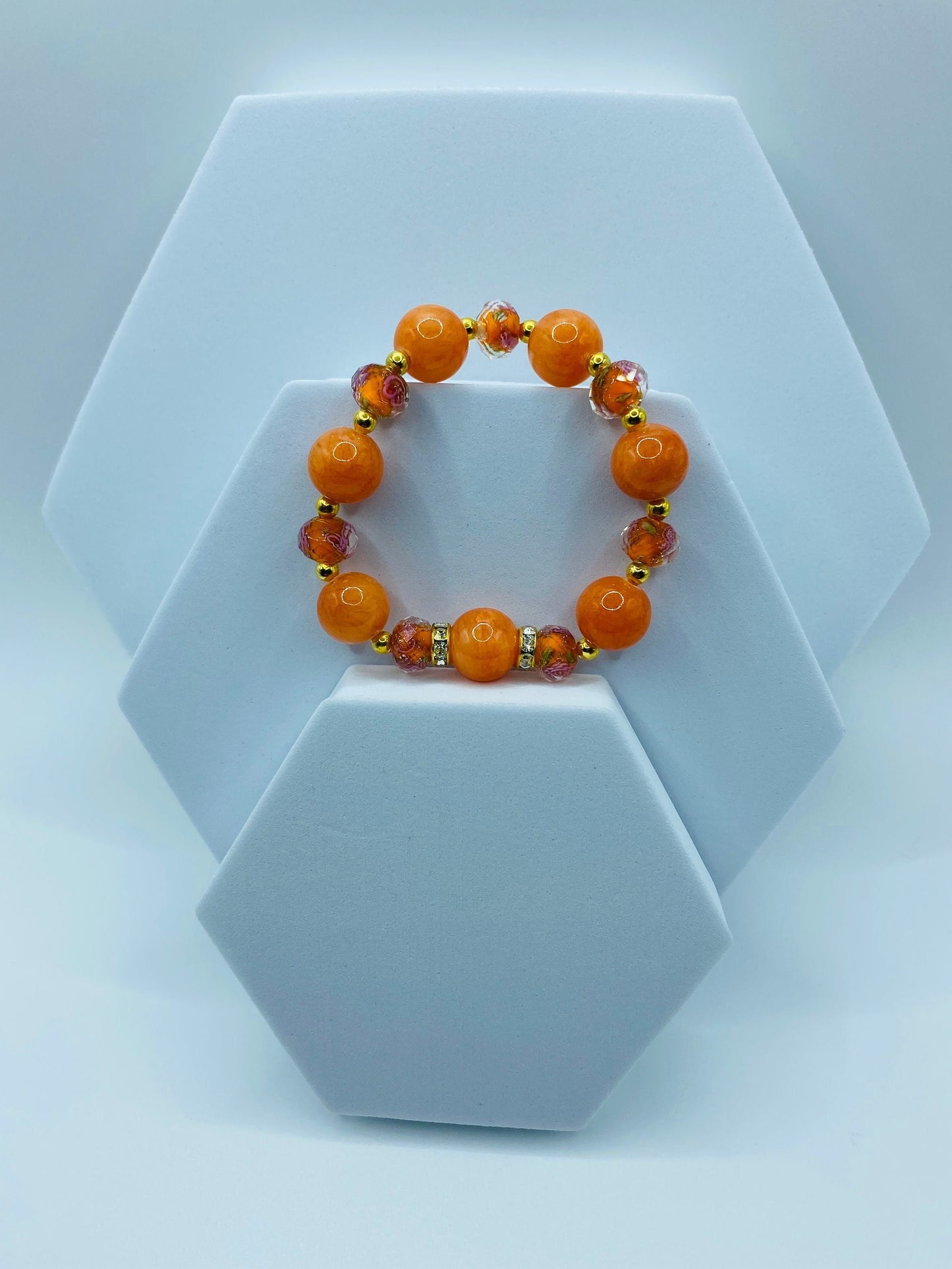 Jade Bracelet Handmade Jewelry for women, orange floral lampwork Glass Beads - Flower Bead Bracelet