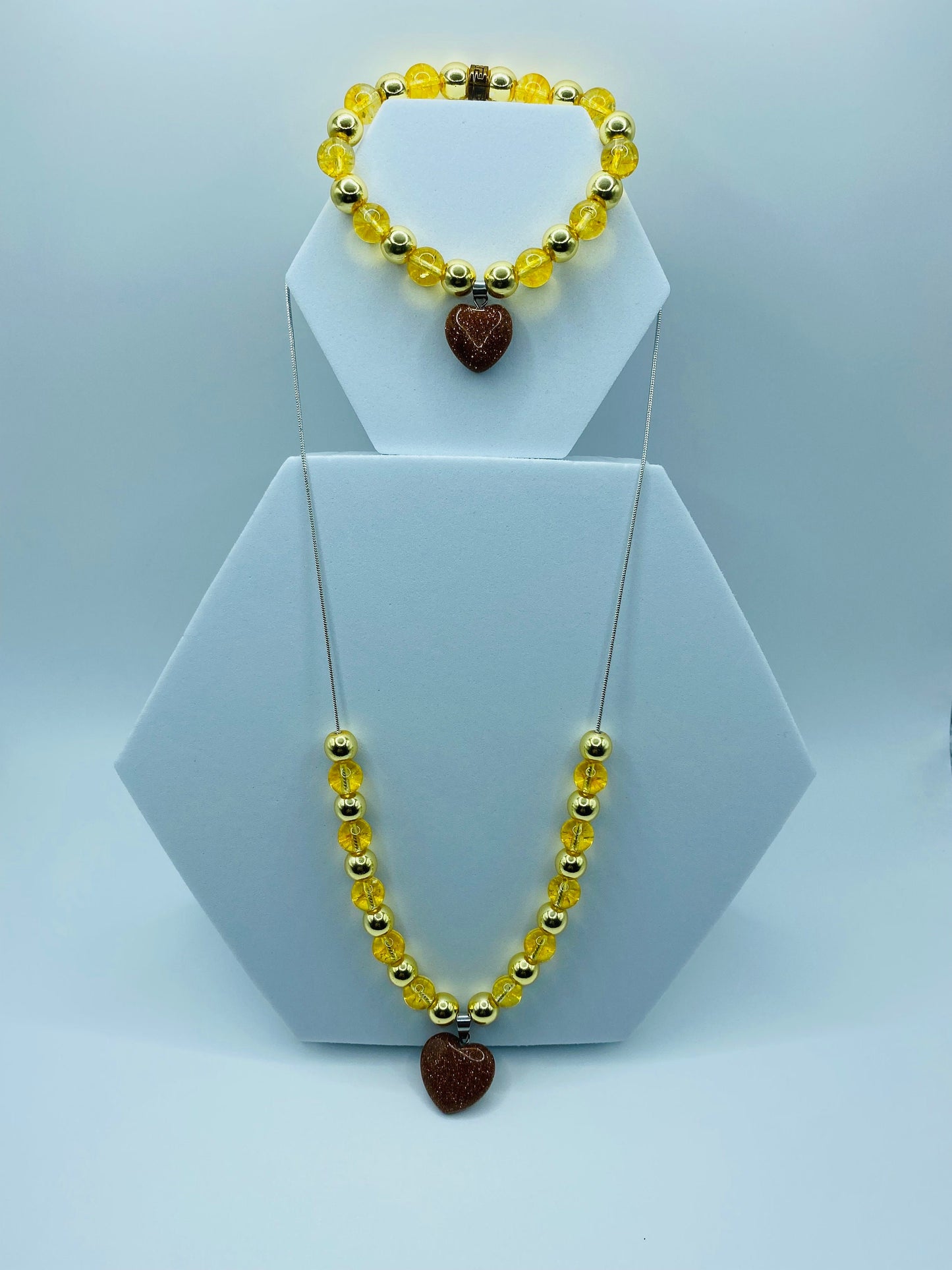 Womens Jewelry Citrine Necklace & Bracelet - Gold Hematite and Goldstone Heart Charms - Gifts for Women
