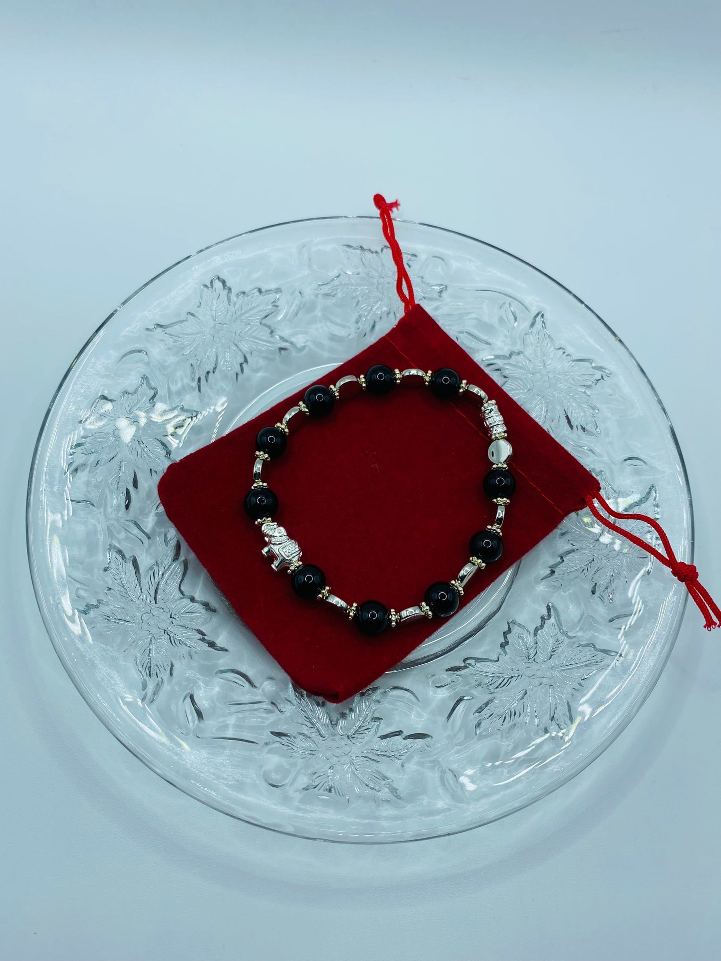 Elephant Charm Bracelet: Black Onyx Gemstone Beads, White Gold Accents