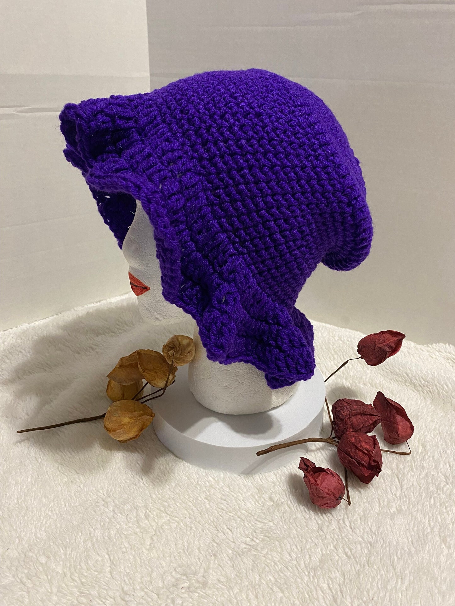Crochet Bucket Hat with Flower: Violet Acrylic Handmade Women's Hat