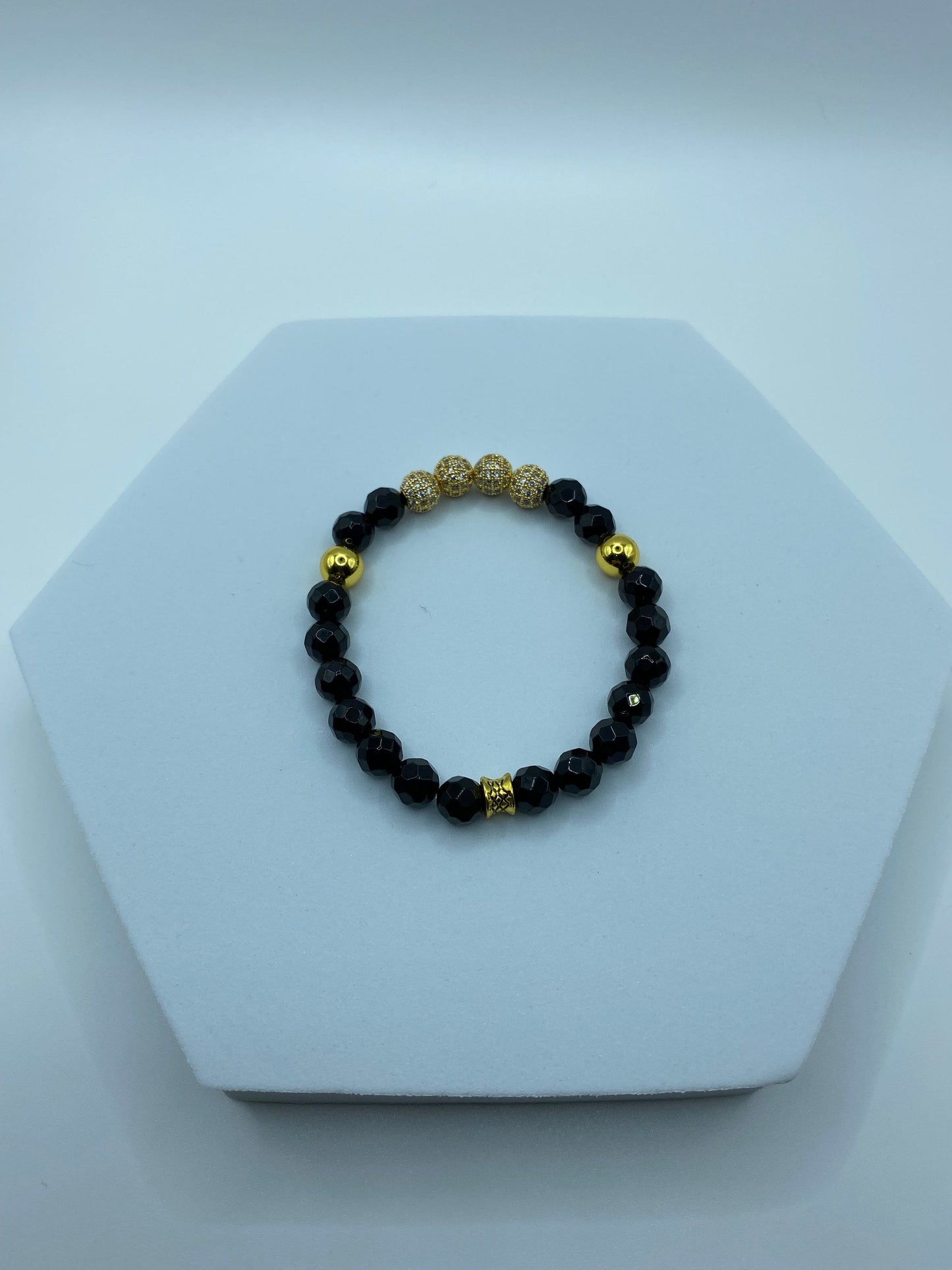 Black Onyx Bracelet for Men: Gold CZ Inlaid Beads, Hematite Gemstone