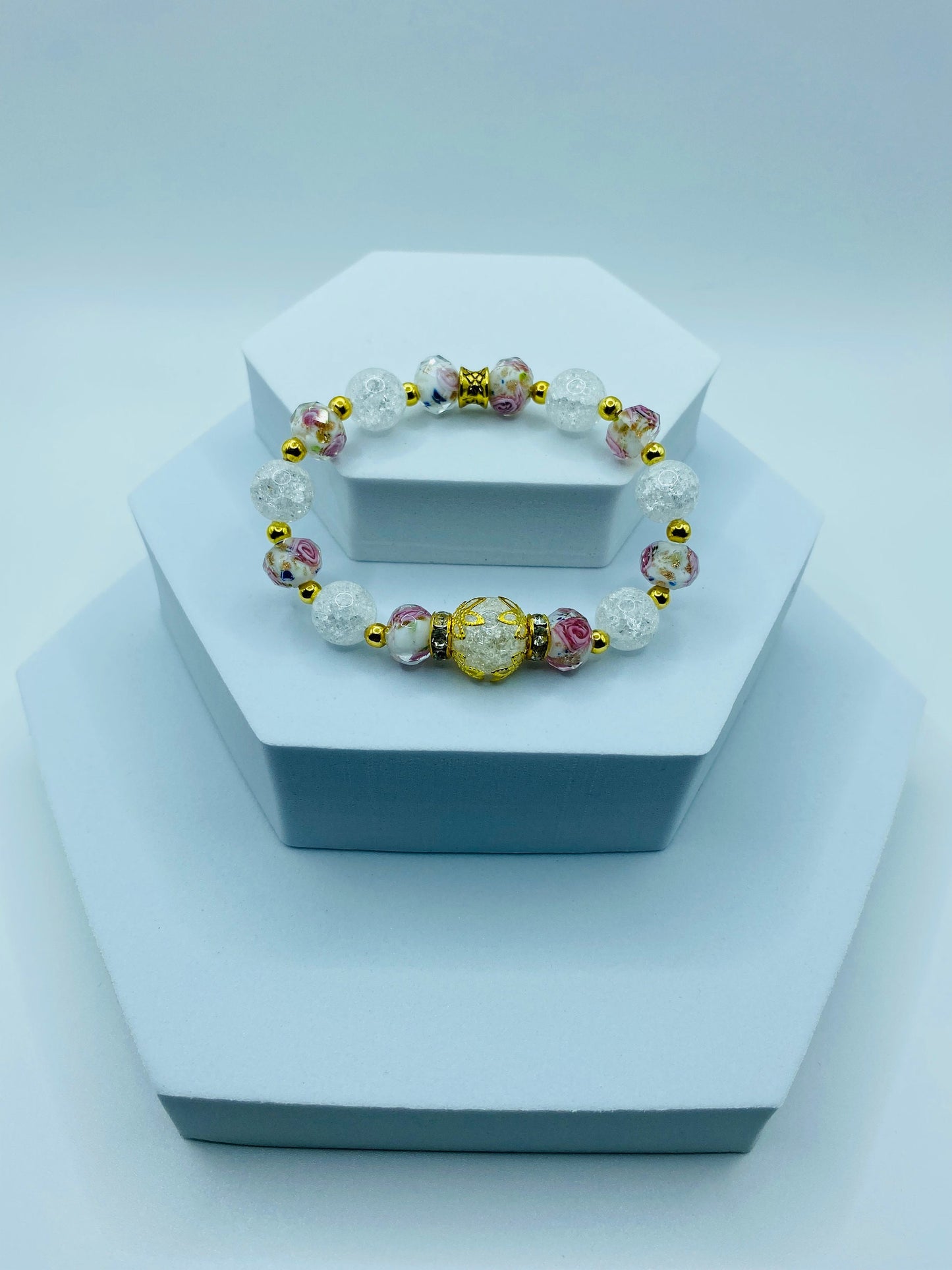 Quartz Crystal Bracelet: Lampwork Floral Glass & 18k Gold Hematite Beads