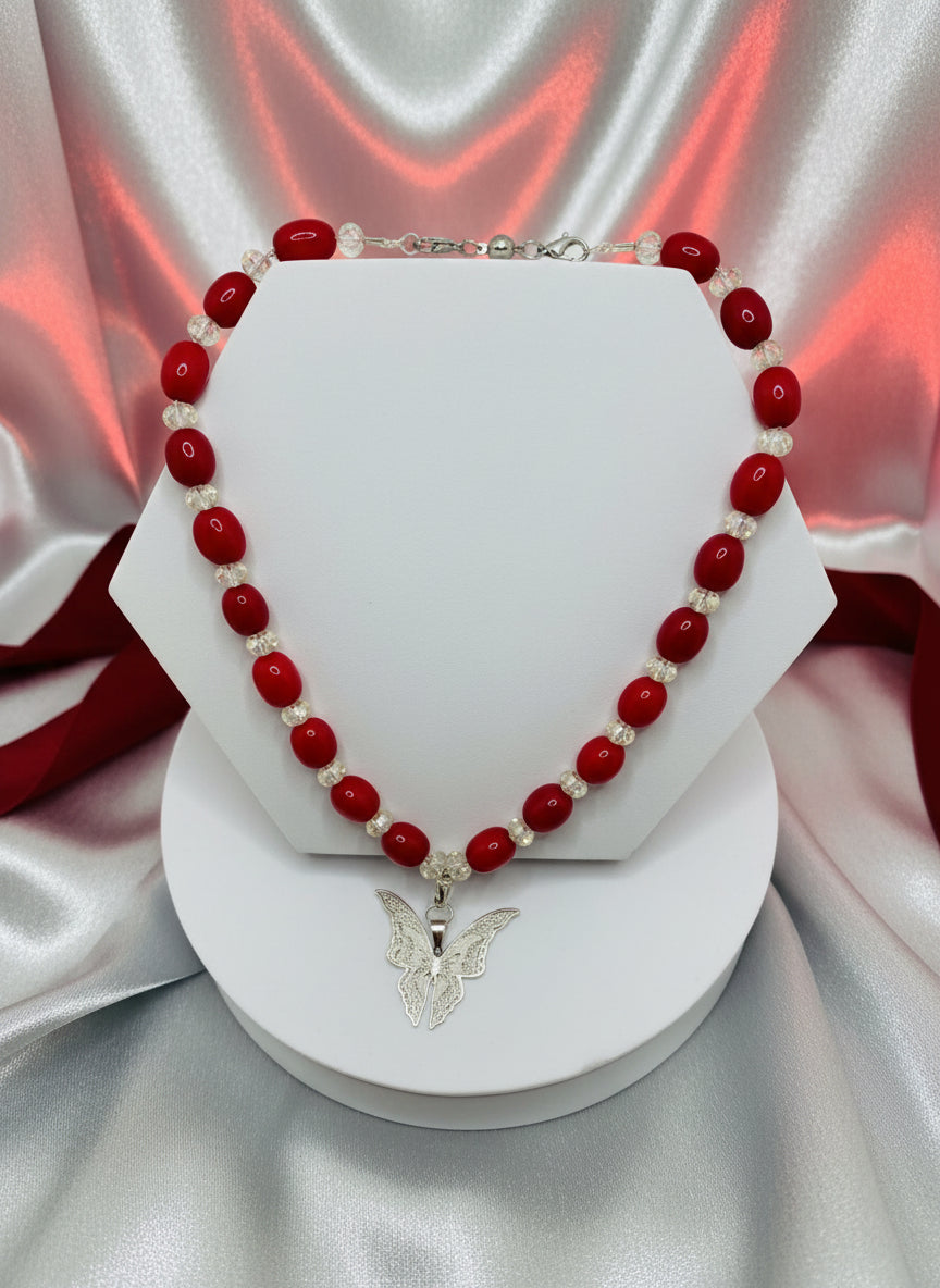 Red Jade Necklace: Silver Butterfly Pendant & Crystal Beads
