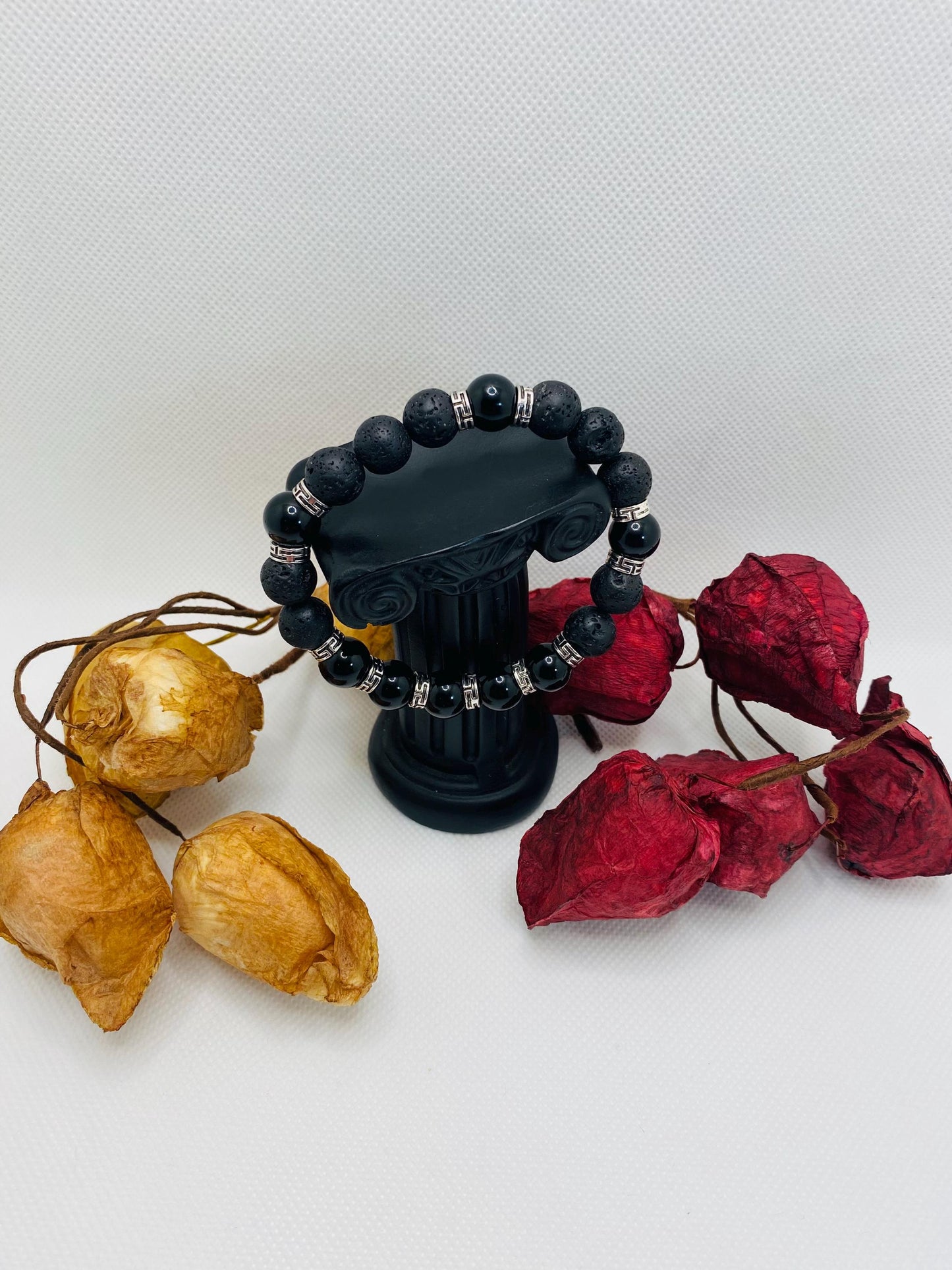 Black Onyx & Lava Rock Bracelet with Tibetan Spacers