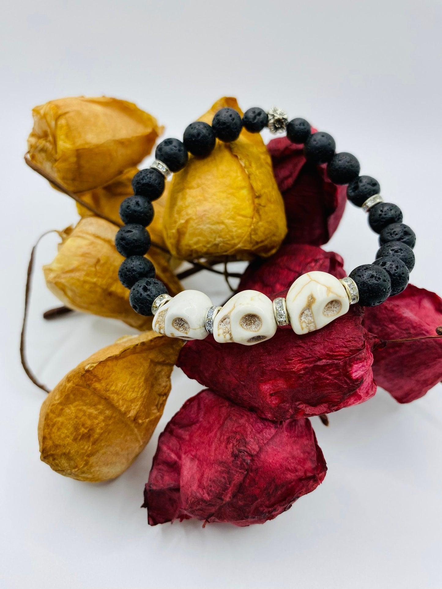 Day of the Dead Lava Rock Bracelet, White Skull Beads & Metal flowers - Dia de Los Muertos - Gift for Him