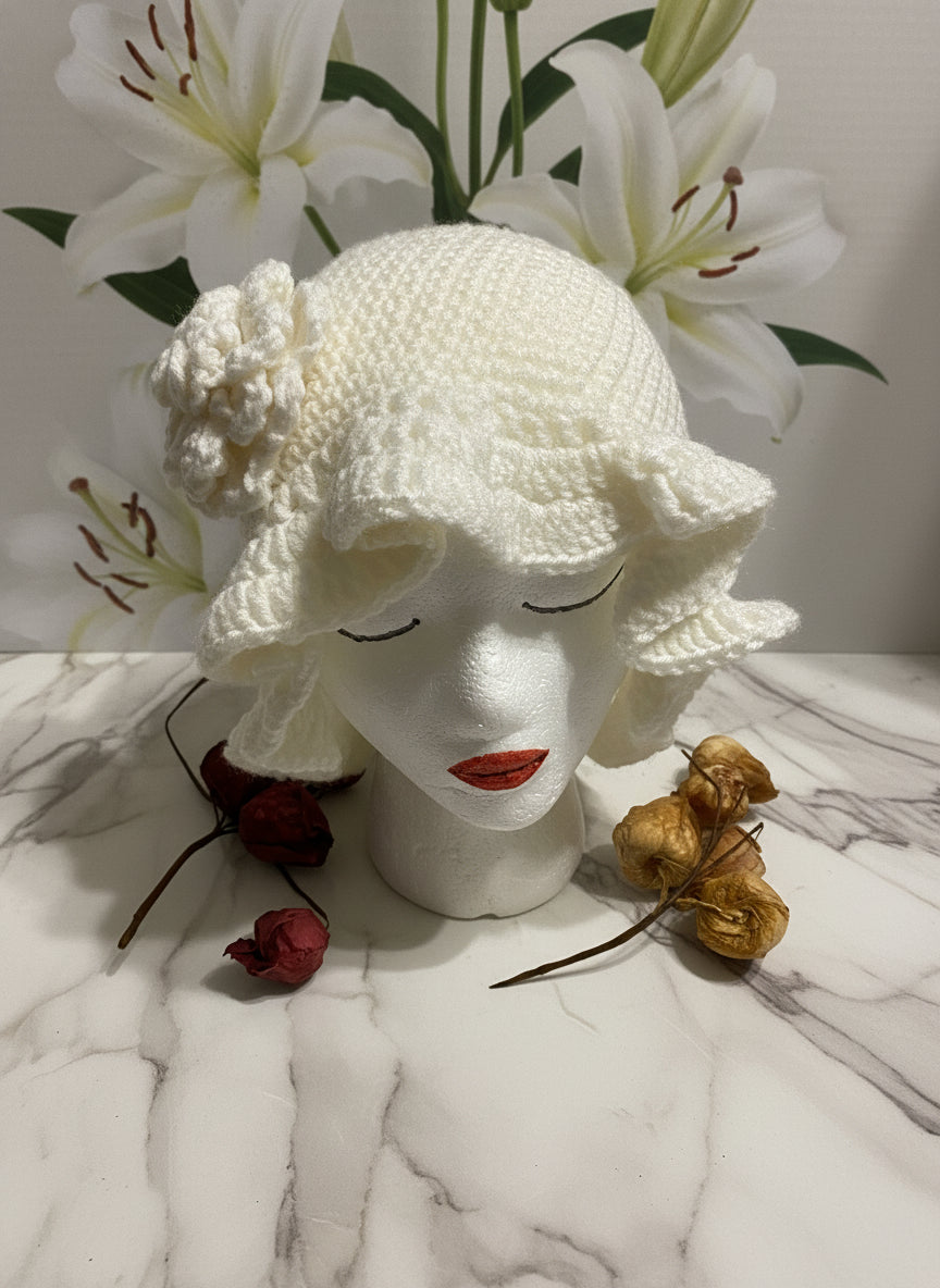 Handmade Crochet Bucket Hat: White Acrylic Flower Hat