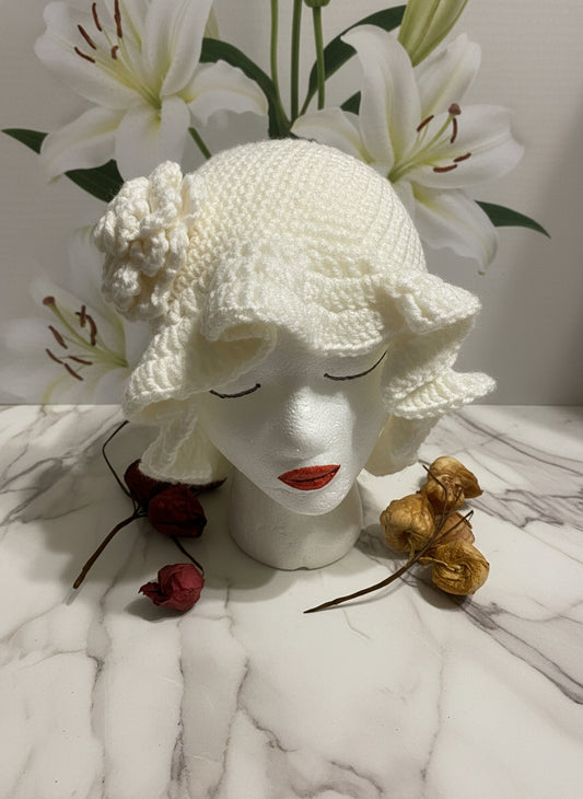 Handmade Crochet Bucket Hat: White Acrylic Flower Hat