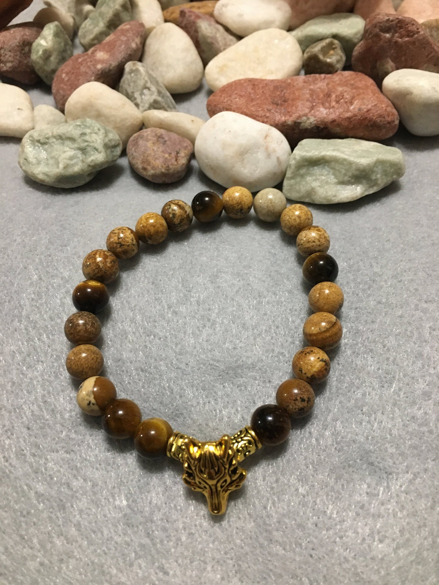 Wolf Head Charm Bracelet: Jasper & Tiger's Eye Gemstone Beads