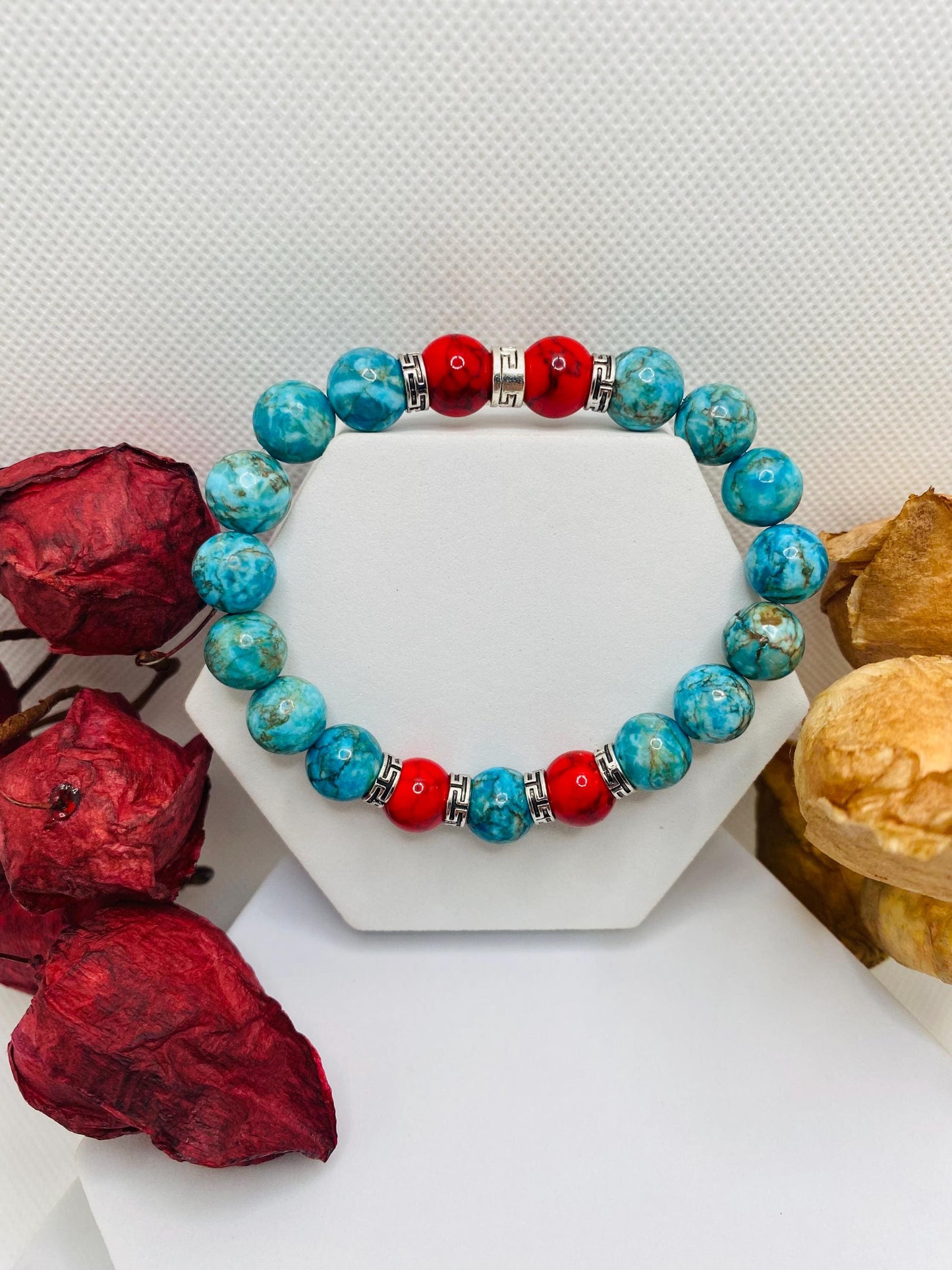 Turquoise & Red Gemstone Bracelet with Tibetan Spacers