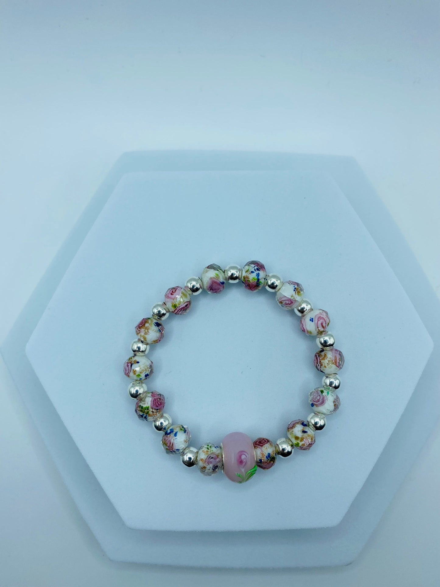Floral Lampwork Glass Bead Bracelet: Silver Hematite Gemstone Accent