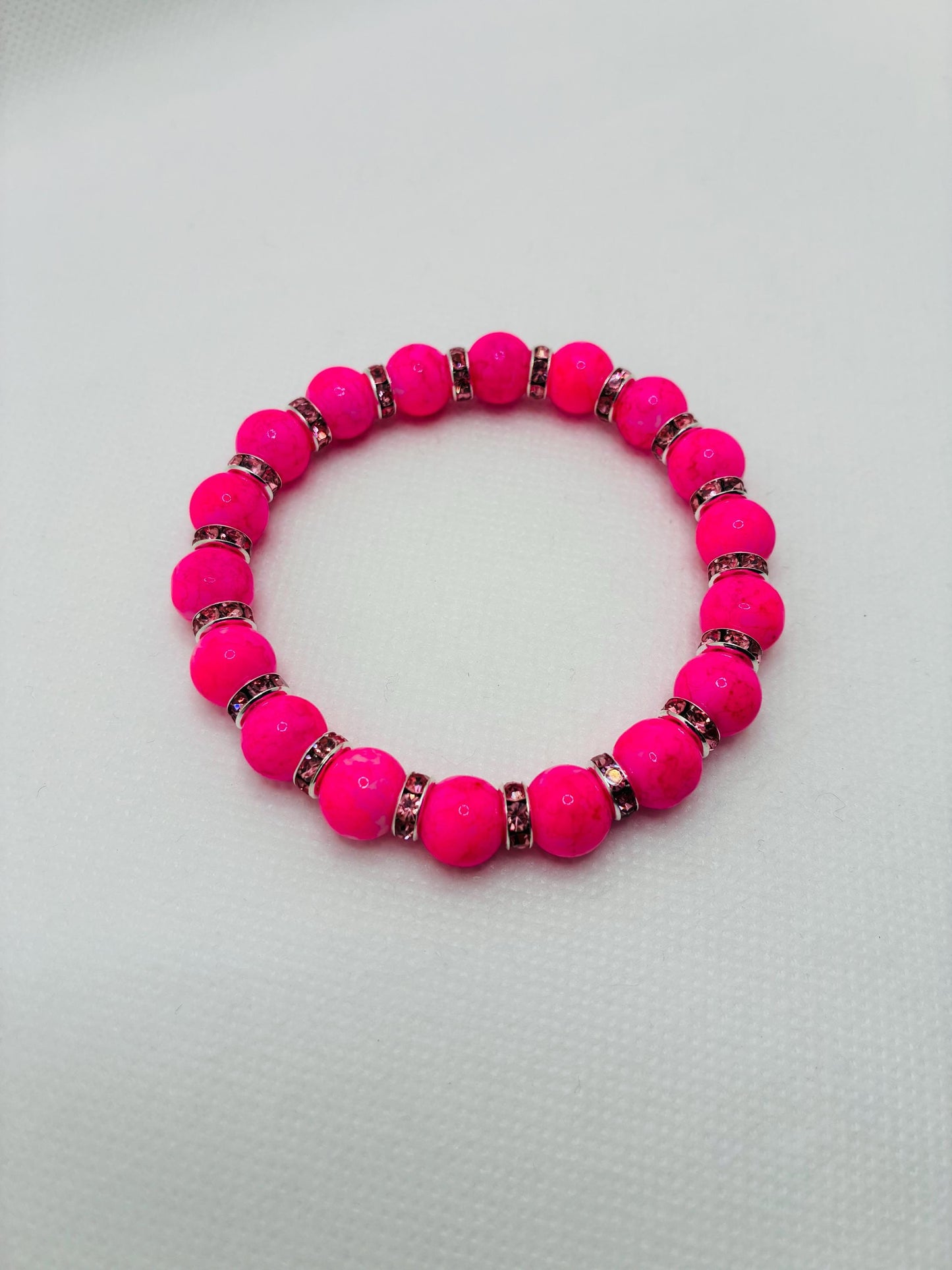 Hot Pink Crystal Glass Bead Bracelet with Silverplated Pink Rhinestone Rondelles