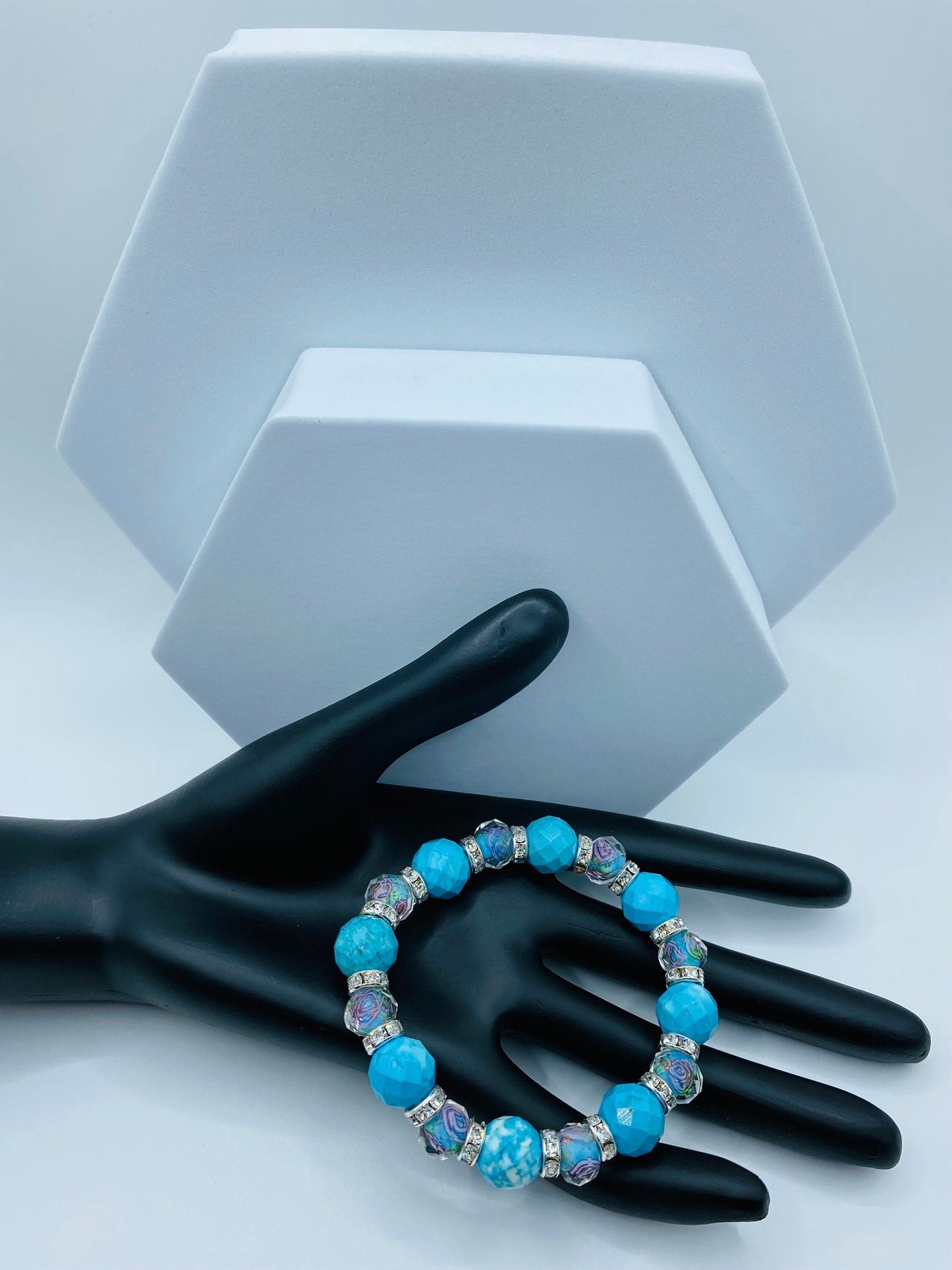 Turquoise Bracelet Custom Jewelry with Lampwork Flower Glass Beads - Mens Bracelet - Bracelets for Women