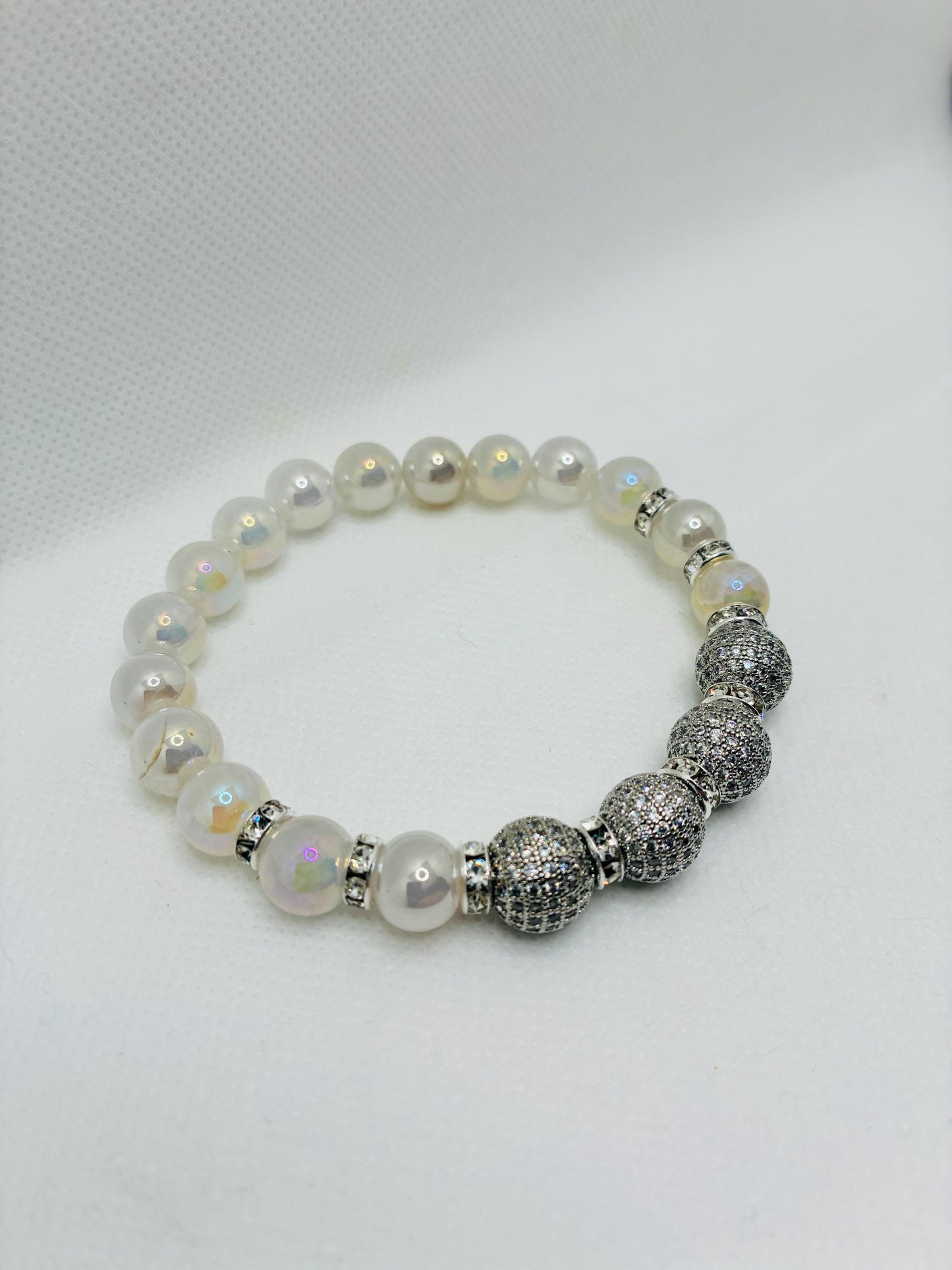Brass Rhinestone & Zircon Beads White Gold and Snow Quartz Gemstone Bracelet: Silver Plated Rondelles