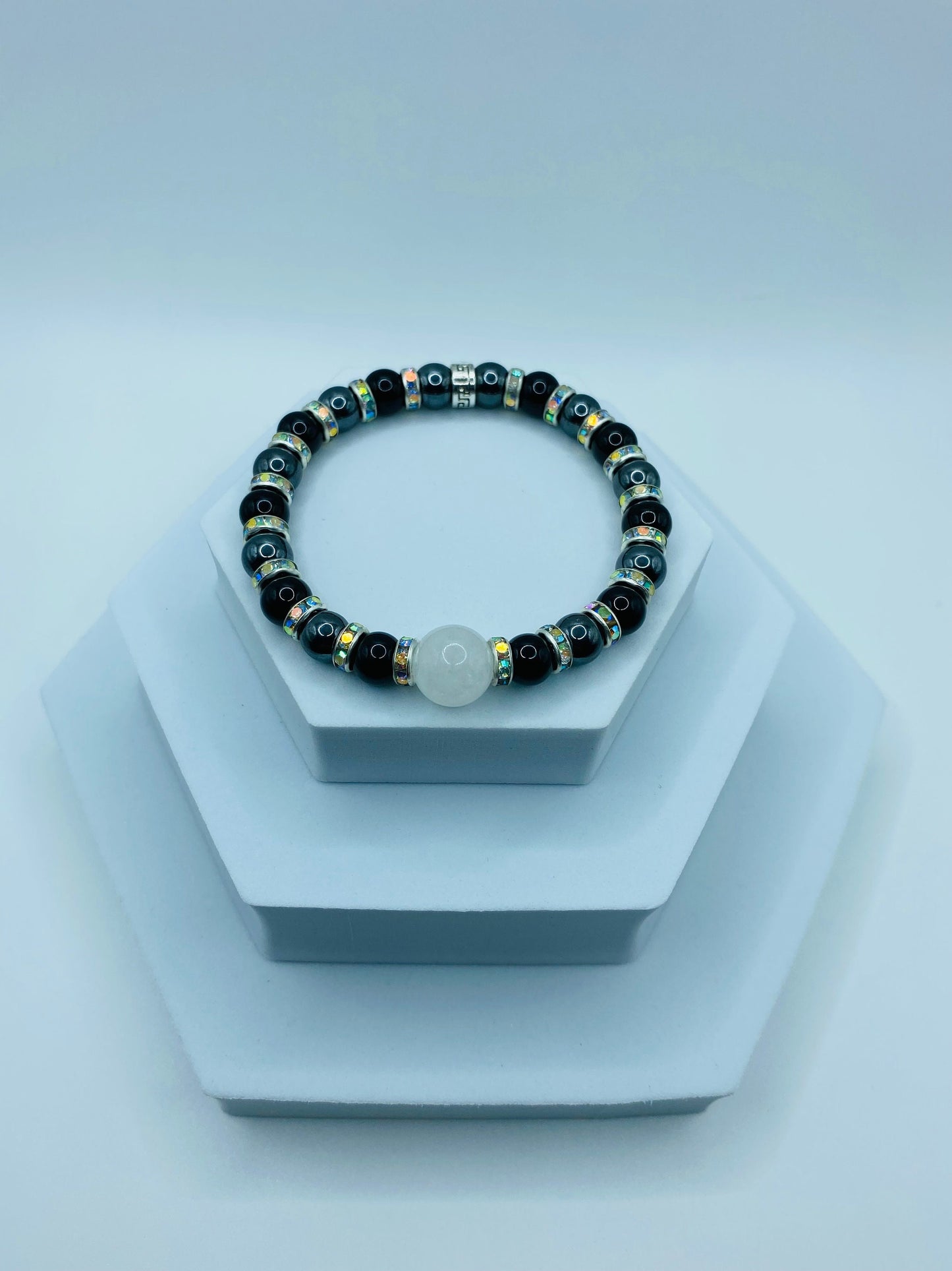 Handmade Black Onyx & Chalcedony Bracelet with Rhinestone Spacers