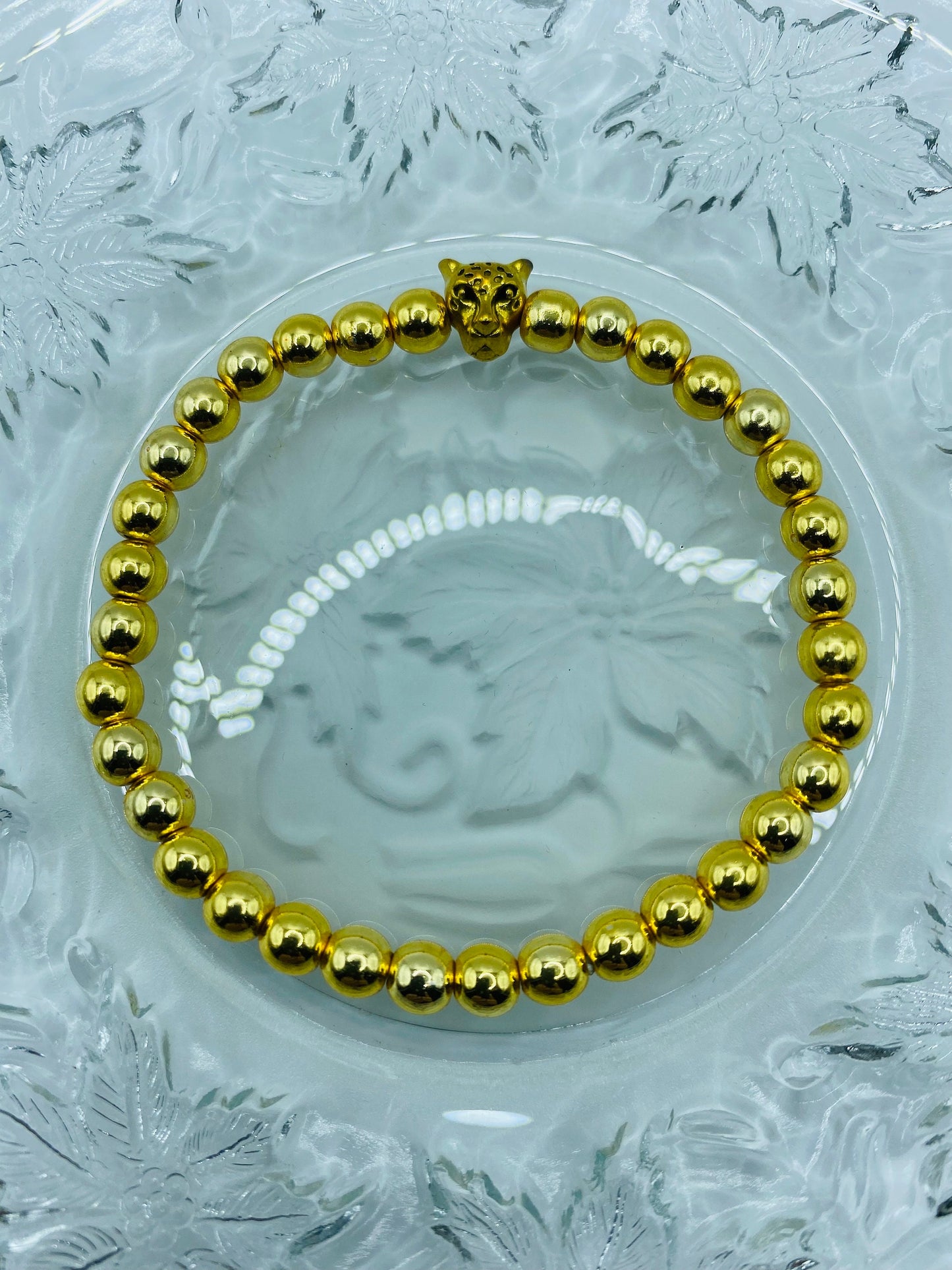 18K Gold Plated Tennis Bracelet: Hematite Beads & Leopard Charm