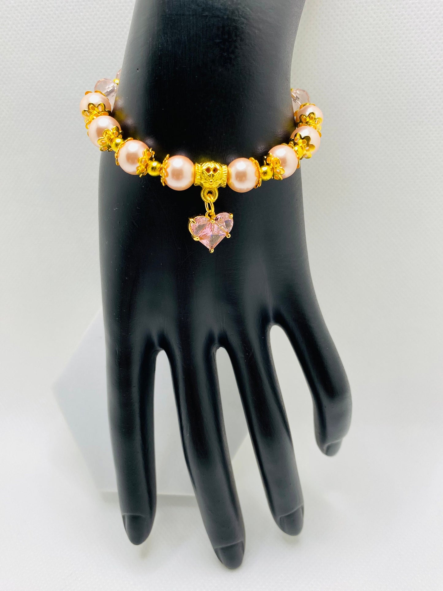 Mother of Pearl Bracelet: Pink Crystal Heart & Glass Beads, 18k Gold Accents