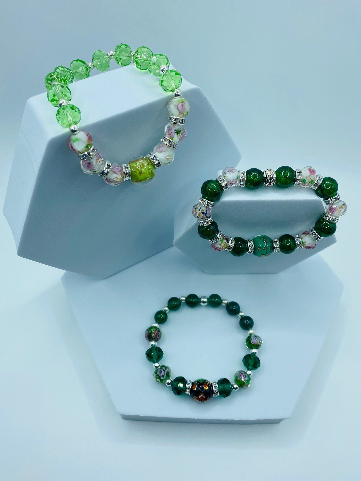 Jade Bracelet: Lampwork Floral Glass Beads & Hematite Gemstones