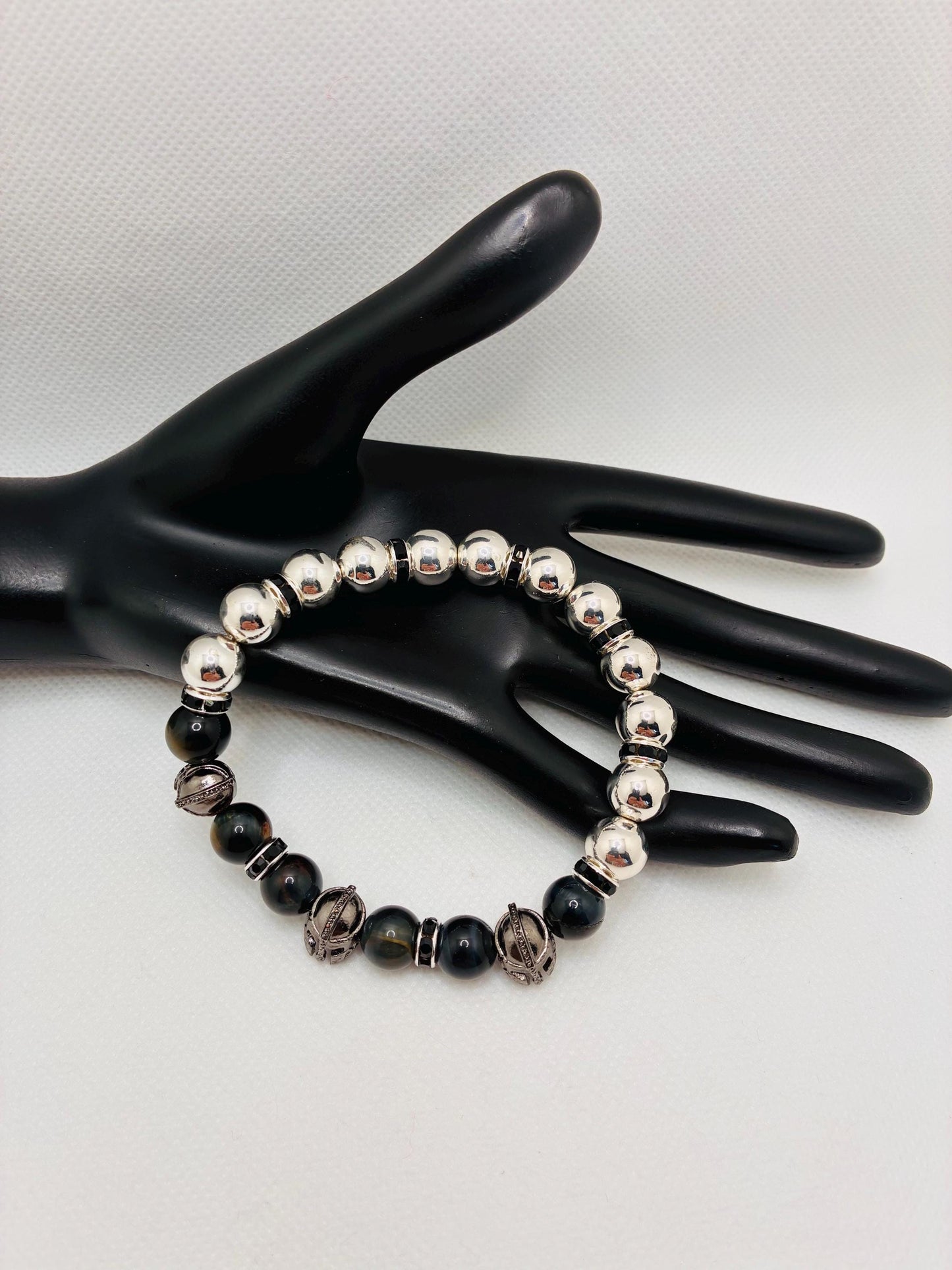 Mens Spartan Helmet Bracelet: Silver Hematite & Obsidian Gemstone Beads, Medieval Jewelry