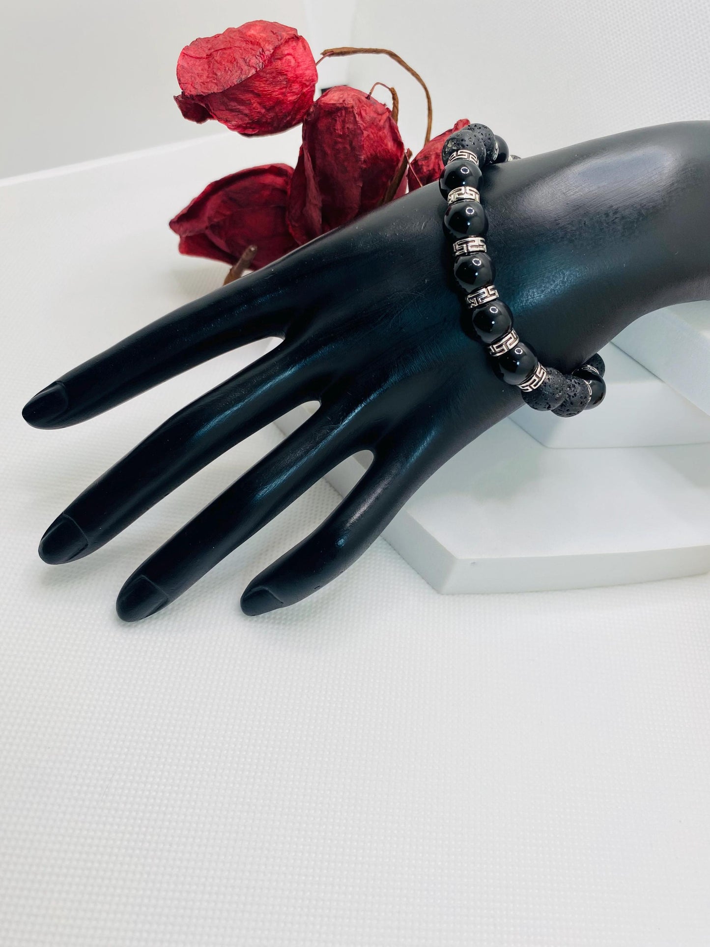 Black Onyx & Lava Rock Bracelet with Tibetan Spacers