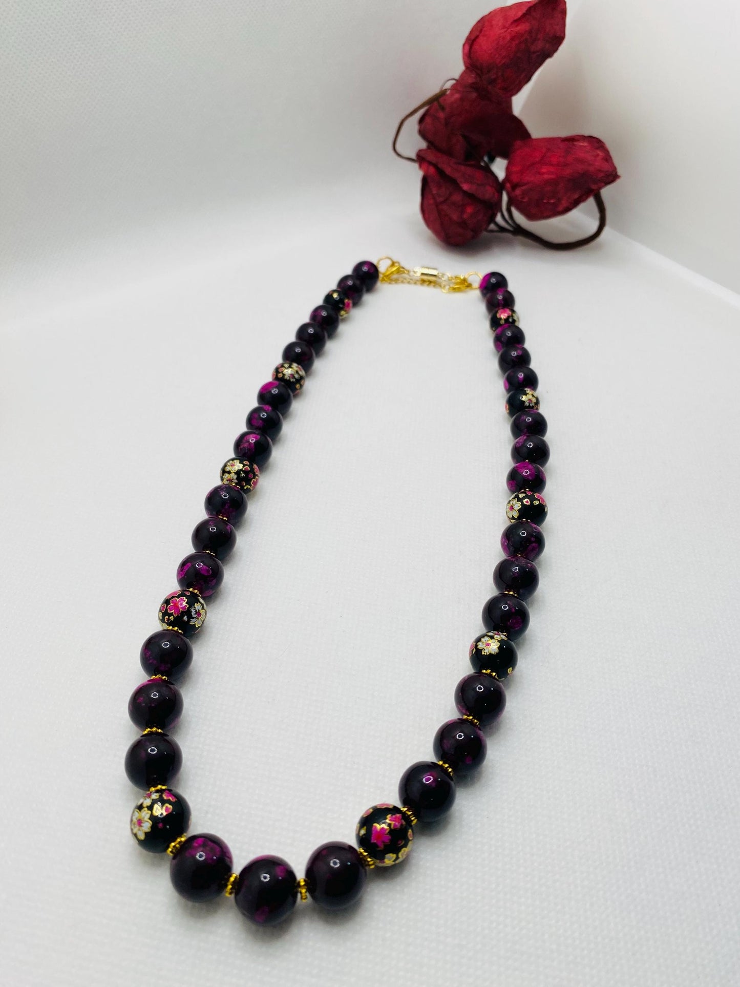 Dark Red Jasper Beaded Necklace: Floral Glass & Gold Accents