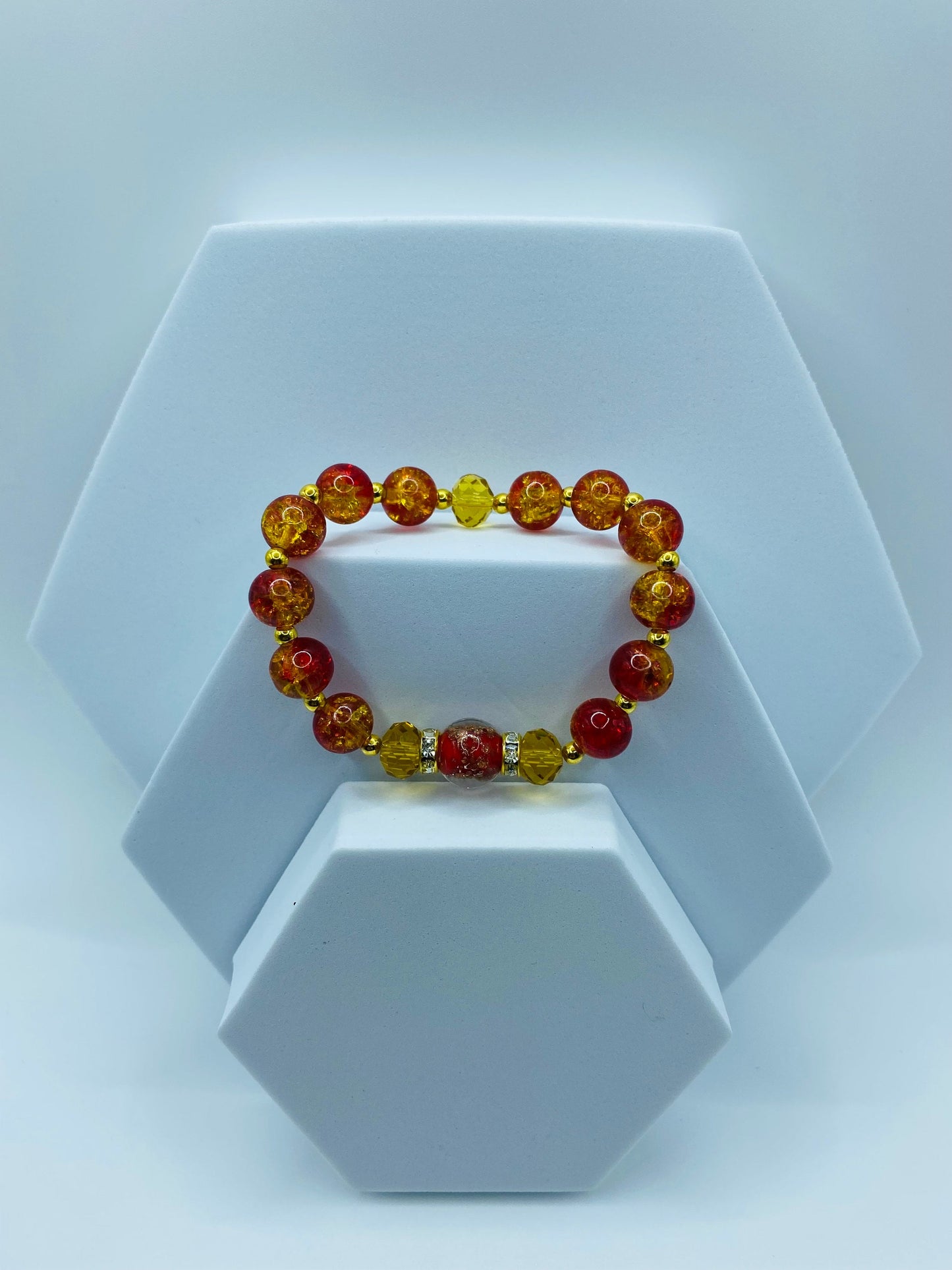 Red Lampwork Crystal Bracelet: Gold Hematite Bead Accents