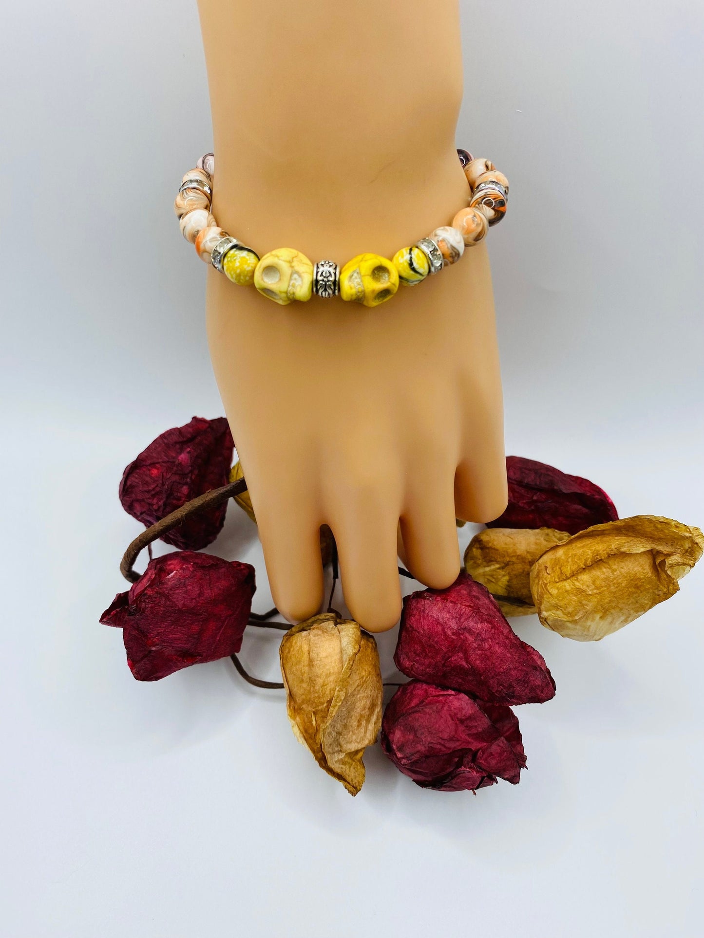 Dia de Los Muertos Skull Bracelet: Turquoise Skull Beads, Rhinestone Spacers